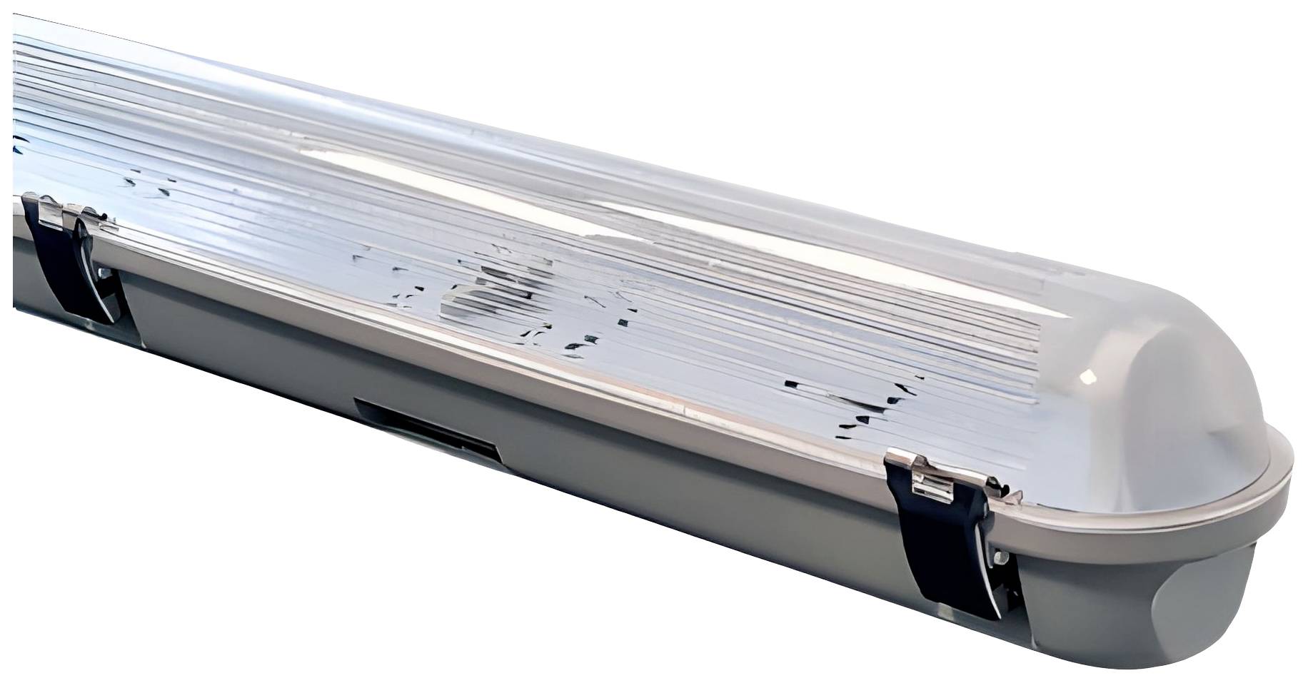 Eine graue, längliche Leuchte mit transparentem Schutzgehäuse und zwei schwarzen Clips an den Seiten.
