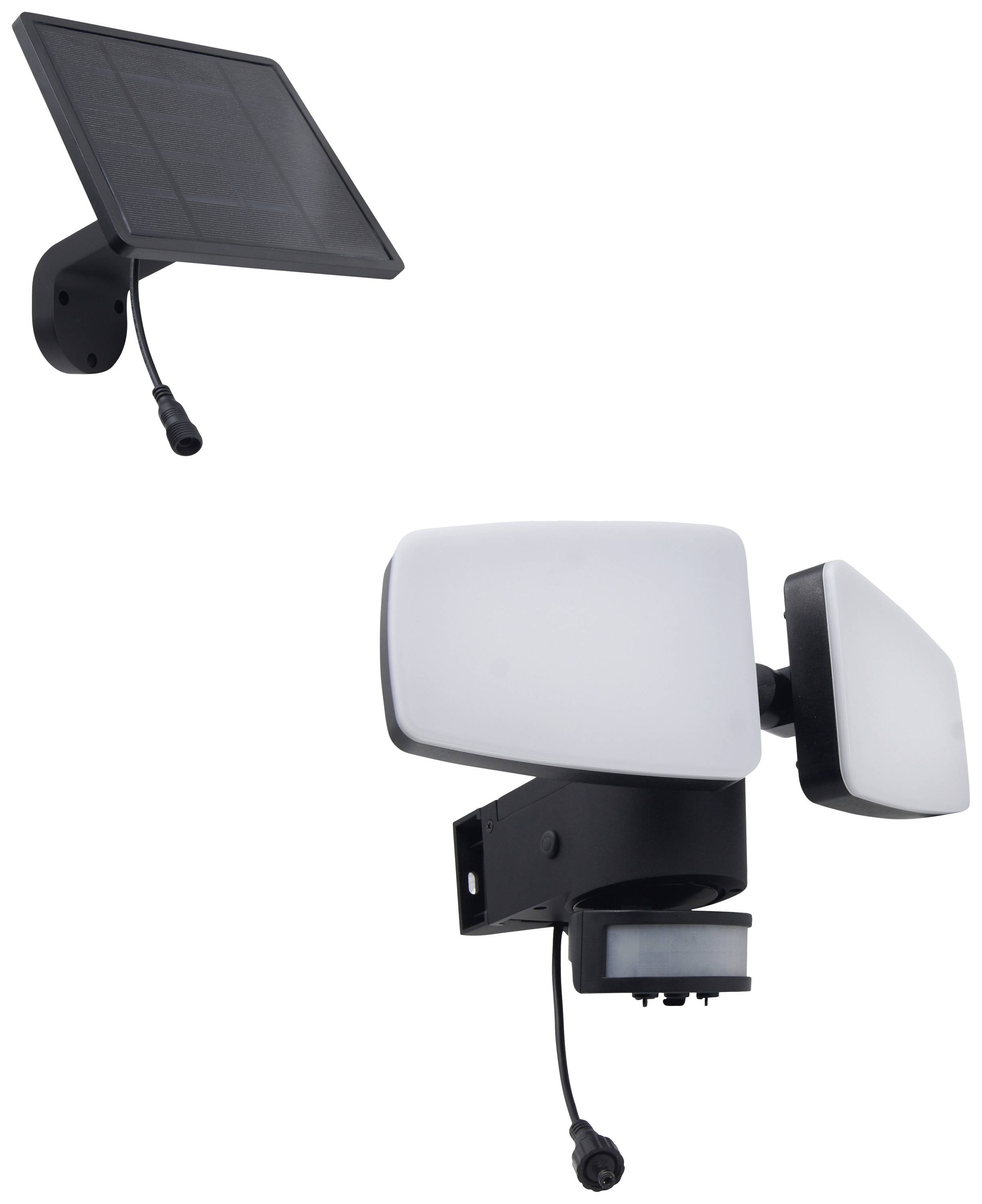 Außenleuchte mit zweifachem LED-Panel und Bewegungsmelder; Solarpanel zur Energieversorgung.