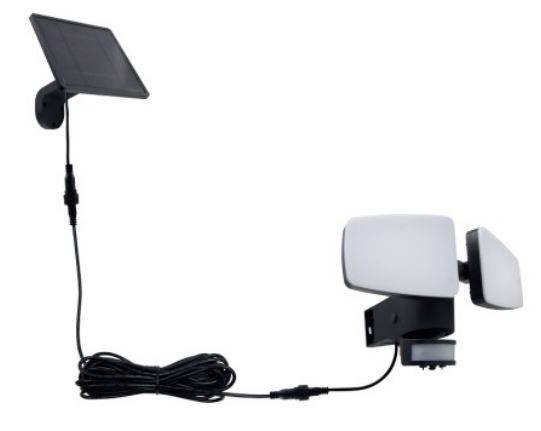 Solarlampe mit zwei LED-Panels, verbunden durch ein Kabel mit einem Solarpanel. Ideal für Außenbeleuchtung.