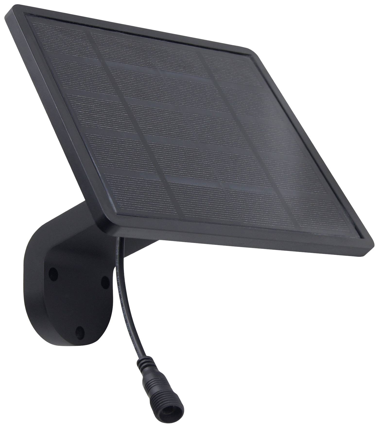 Schwarzes Solarmodul mit Kabel, an einer Halterung befestigt; verwendet zur Versorgung kleiner Geräte oder Beleuchtung mit Solarenergie.