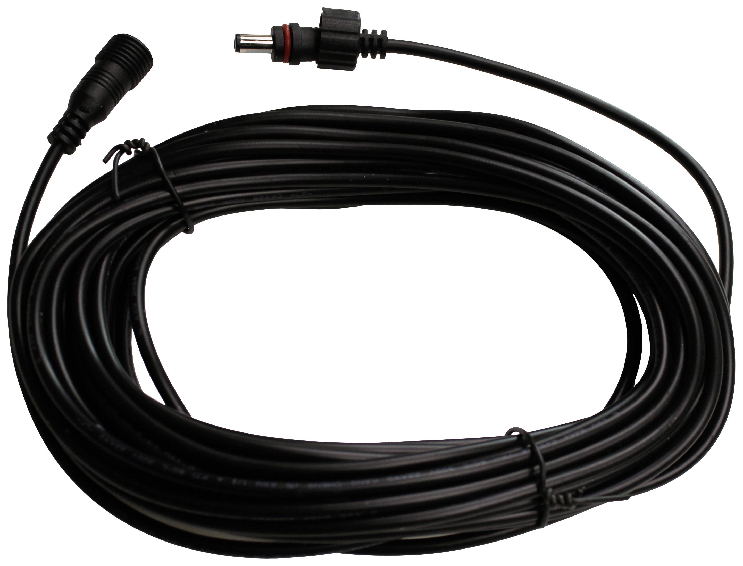 Ein langes, aufgerolltes schwarzes Kabel mit zwei Steckverbindern an den Enden, geeignet für elektrische Verbindungen.