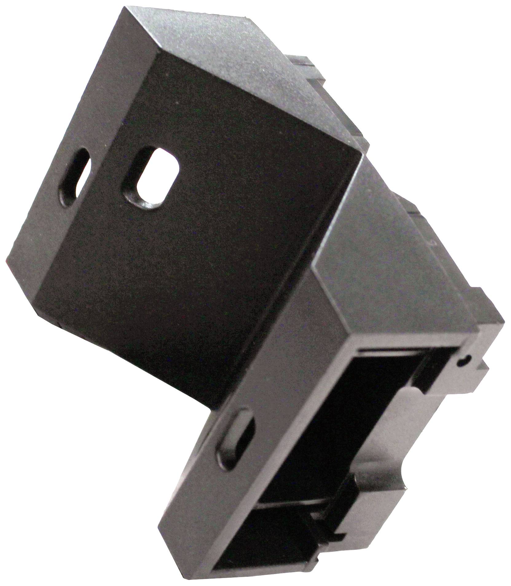 Schwarzer Kunststoffadapter mit zwei Befestigungslöchern, aus einer diagonalen Perspektive gezeigt.