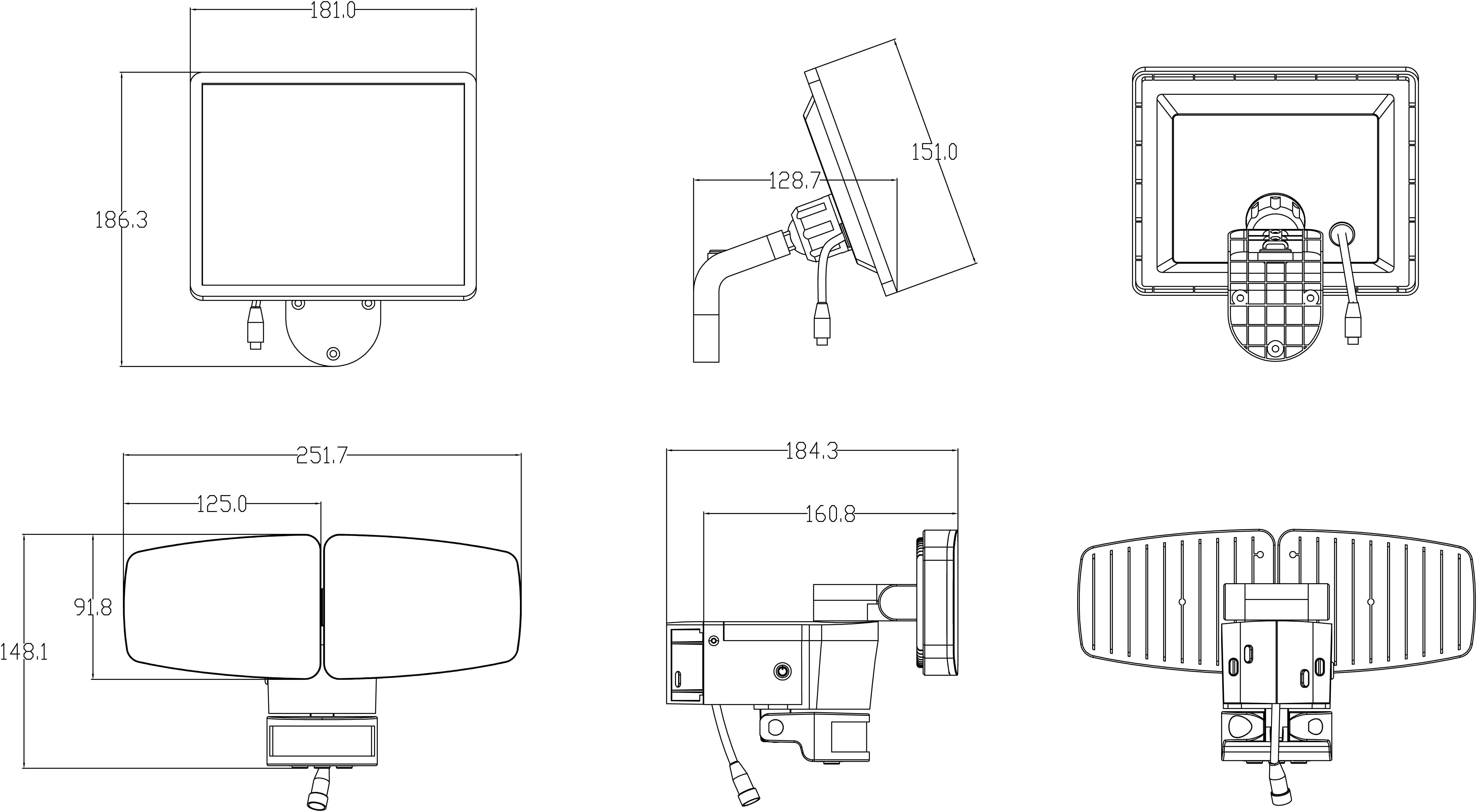 Technische Zeichnung von mehreren Ansichten eines LED-Flutlichts mit detaillierten Maßen in Millimetern.