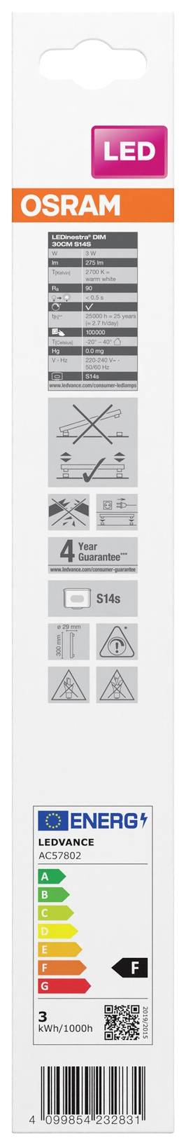 Osram-LED-Lampenverpackung mit Energieeffizienzlabel, zeigt Informationen zur Helligkeit, Energieverbrauch und Lampenform.