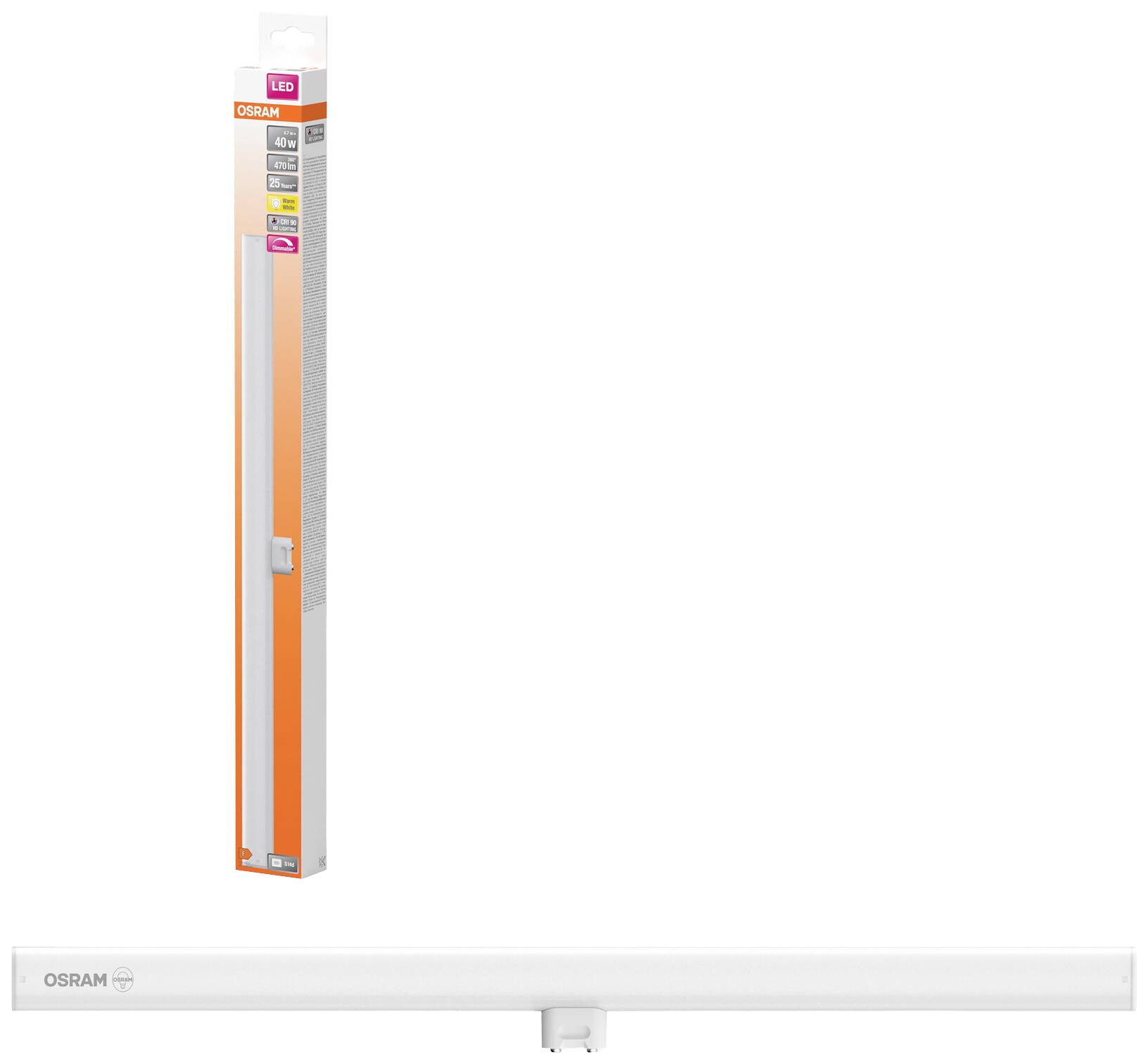 LED-Unterbauleuchte von OSRAM in Verpackung; schmale, weiße Leuchte zur Montage unter Regalen zur effizienten Beleuchtung.