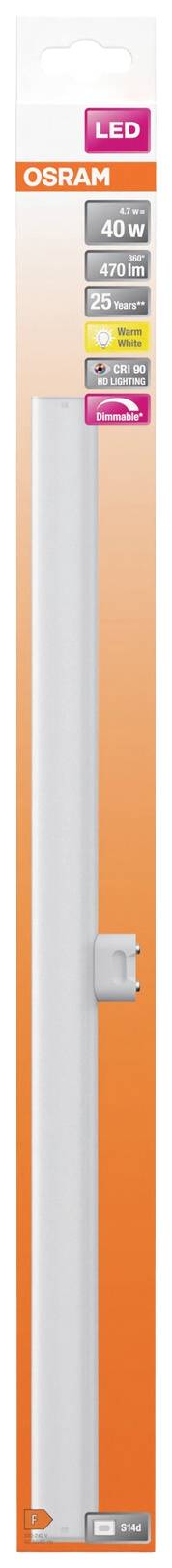 Verpackung einer OSRAM LED-Leuchtstoffröhre, 40 Watt, in warmweiß. Energieklasse A+. Geeignet für Räume der Klasse F.