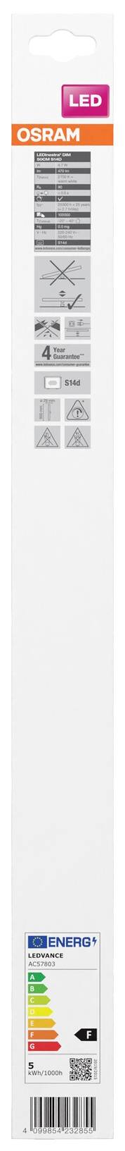 Verpackung einer LED-Glühbirne von Osram. Zeigt Energieeffizienzklasse A+, 4 Watt, 470 Lumen, und gibt Hinweise zur Anwendung und Entsorgung.