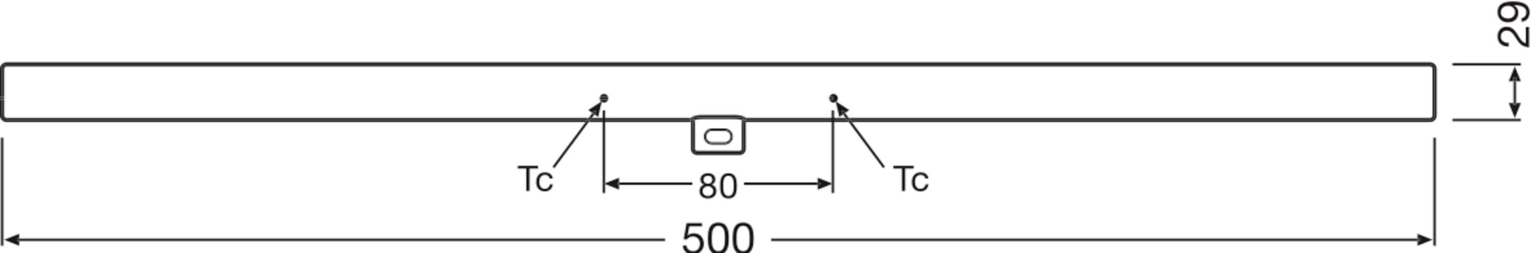 Technische Zeichnung eines Balkens mit 500 mm Länge und einem Symbol in der Mitte. Abstand zwischen 'Tc'-Markierungen beträgt 80 mm.