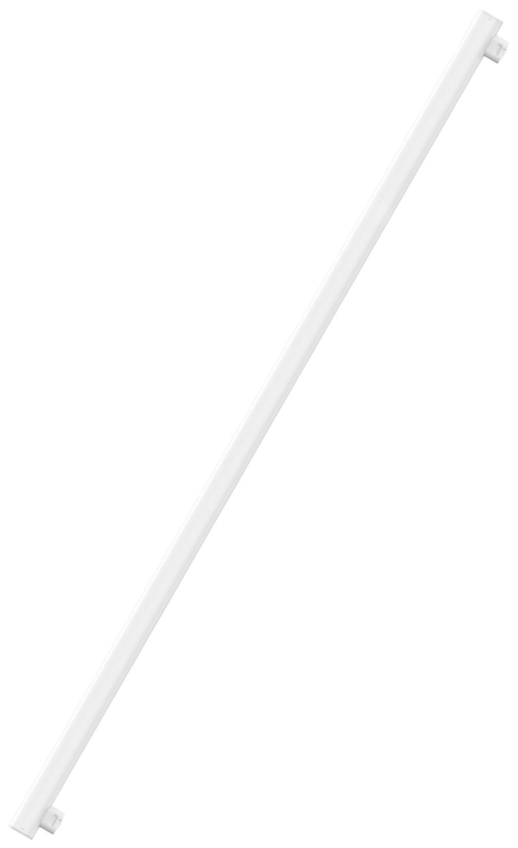 Langes, weißes LED-Lichtrohr, diagonal ausgerichtet, auf weißem Hintergrund. Ideal für moderne Beleuchtungsanwendungen.