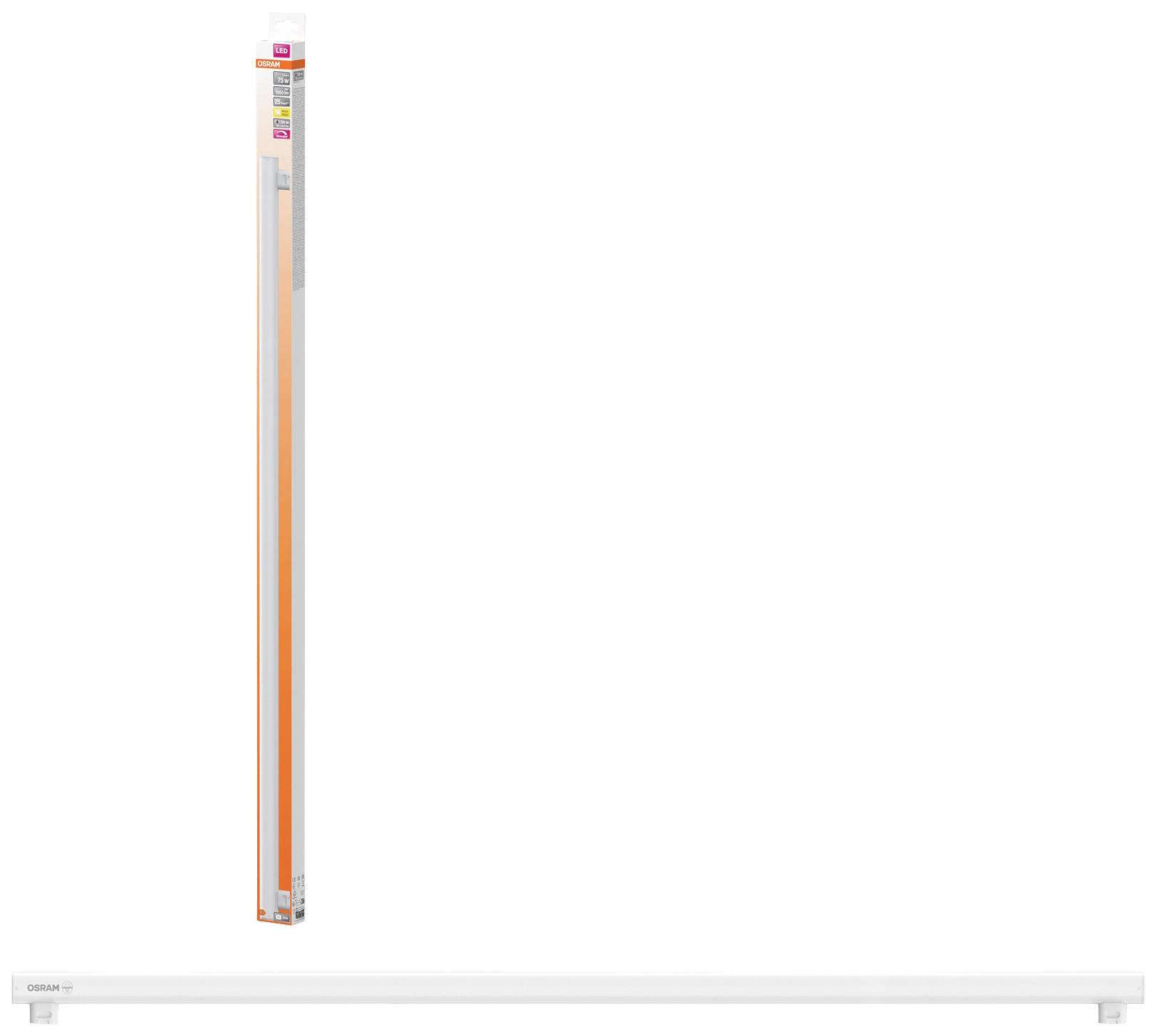 Eine lange, weiße LED-Röhre mit Verpackung. Die Verpackung zeigt Marke und Produktinformationen und ist in Orange gehalten.