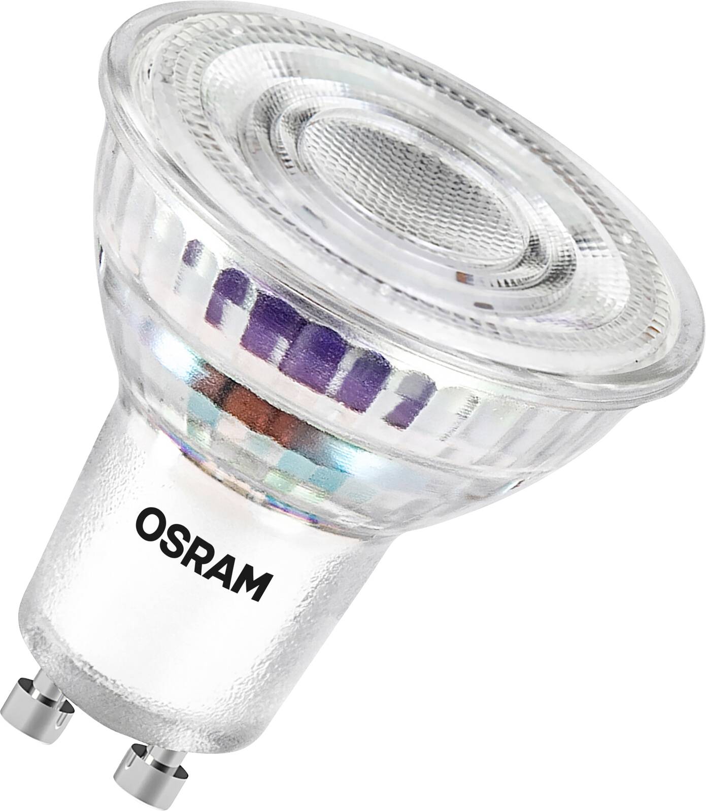 Eine LED-Glühbirne mit Glasgehäuse und GU10-Sockel, Marke OSRAM. Geeignet für den Einsatz in Strahlern und energieeffizient.