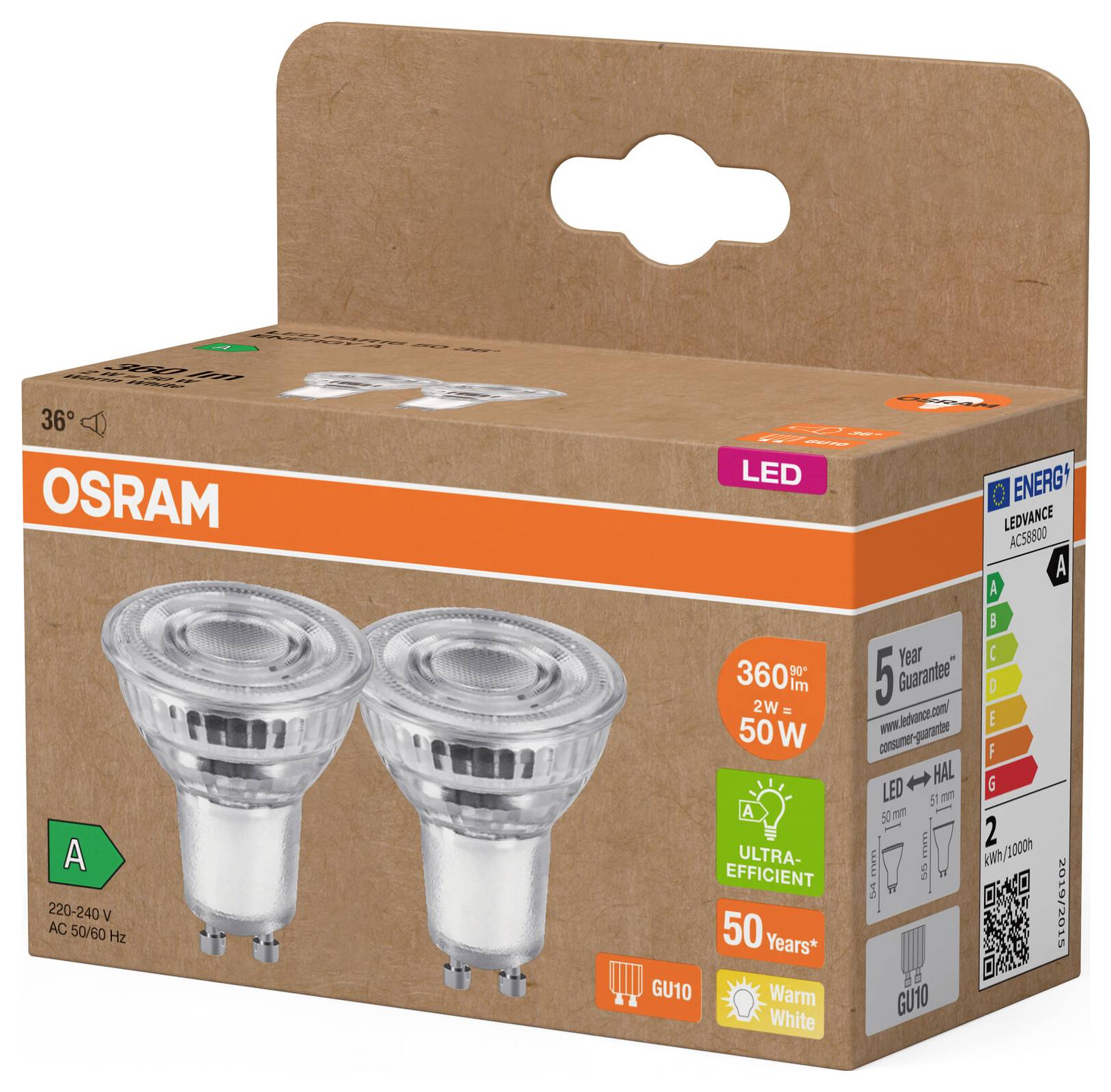 Zwei LED-Lampen von Osram in einer Verpackung. Die Box hebt Energieeffizienz, warmweißes Licht und eine 5-Jahres-Garantie hervor.