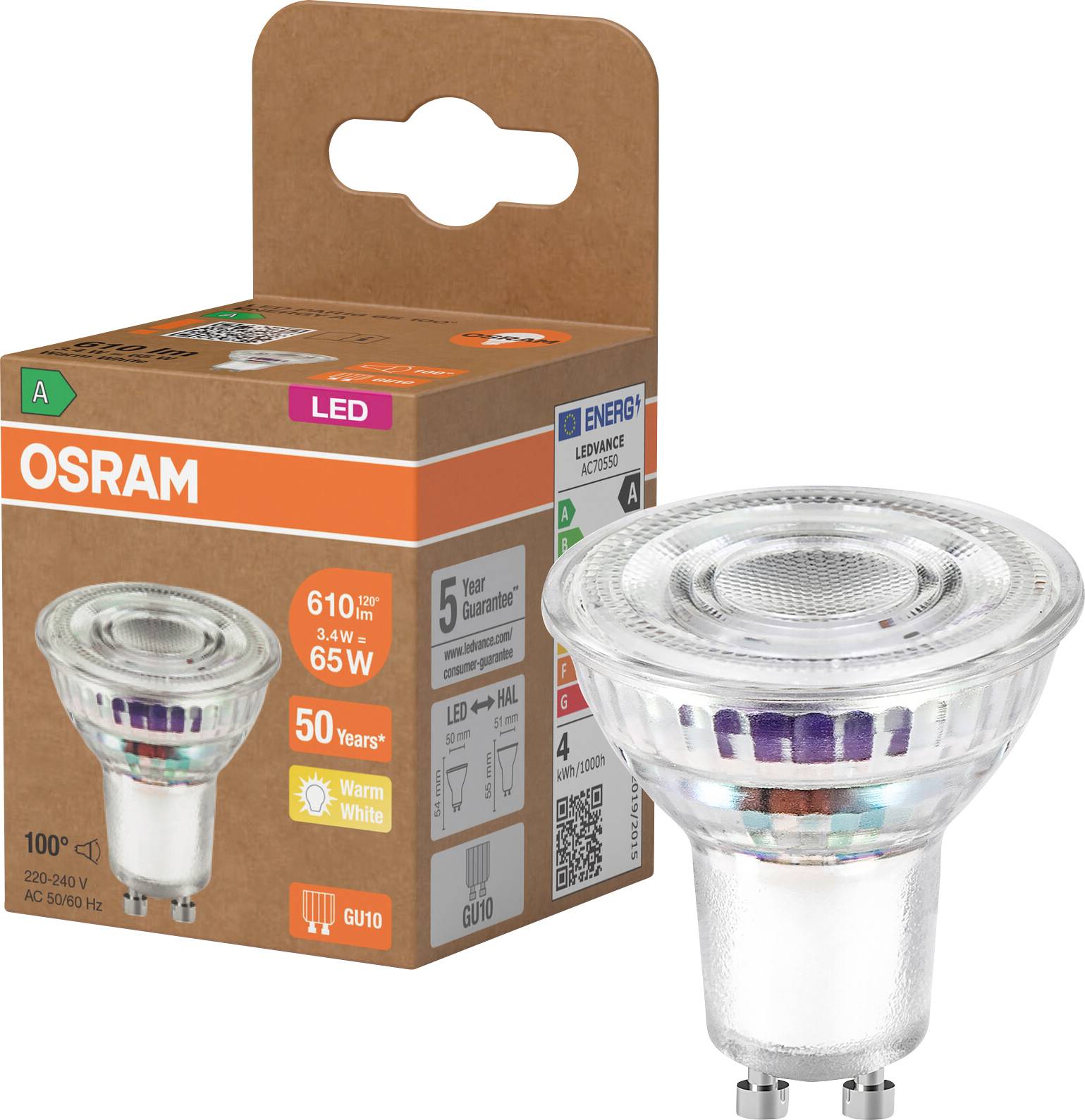 OSRAM LED-Glühbirne in Verpackung, GU10 warmweiß, 610 Lumen, 5 Jahre Garantie, neben der Schachtel abgebildet.