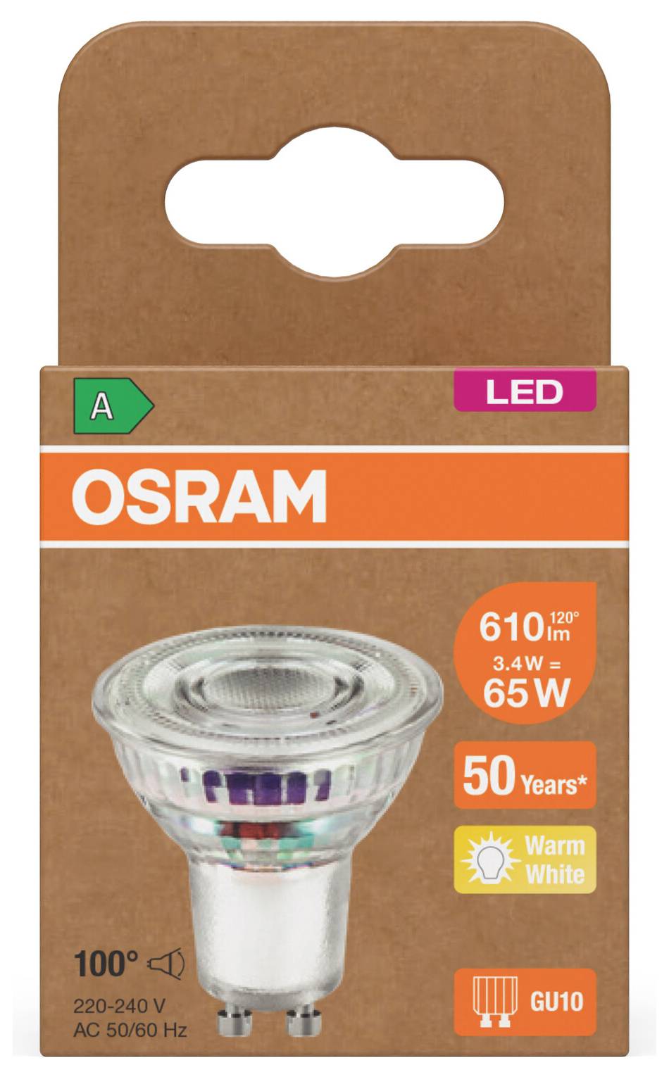 OSRAM LED GU10 Glühbirne Packung, gekennzeichnet 3,4W = 65W, warmweiß, 610 Lumen, 50.000 Stunden, 100° Abstrahlwinkel, 220-240V.