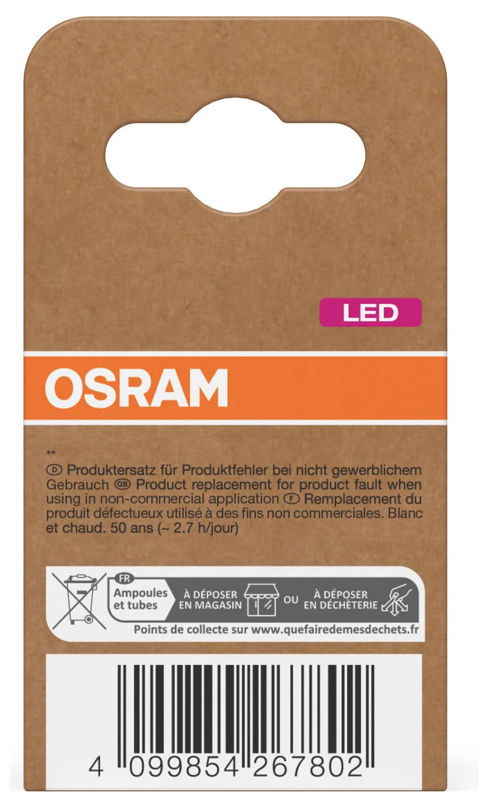 OSRAM LED-Glühbirne in brauner Kartonverpackung mit orangenem Etikett, Entsorgungsanweisungen, Recycling-Symbolen und Barcode auf der Vorderseite.