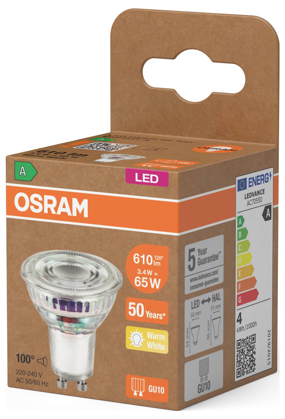 OSRAM LED-Glühbirne Produktverpackung, gekennzeichnet mit 610 lm, 3,4 W, 65 W Äquivalent, warmweiß, GU10, 5-Jahre-Garantie.