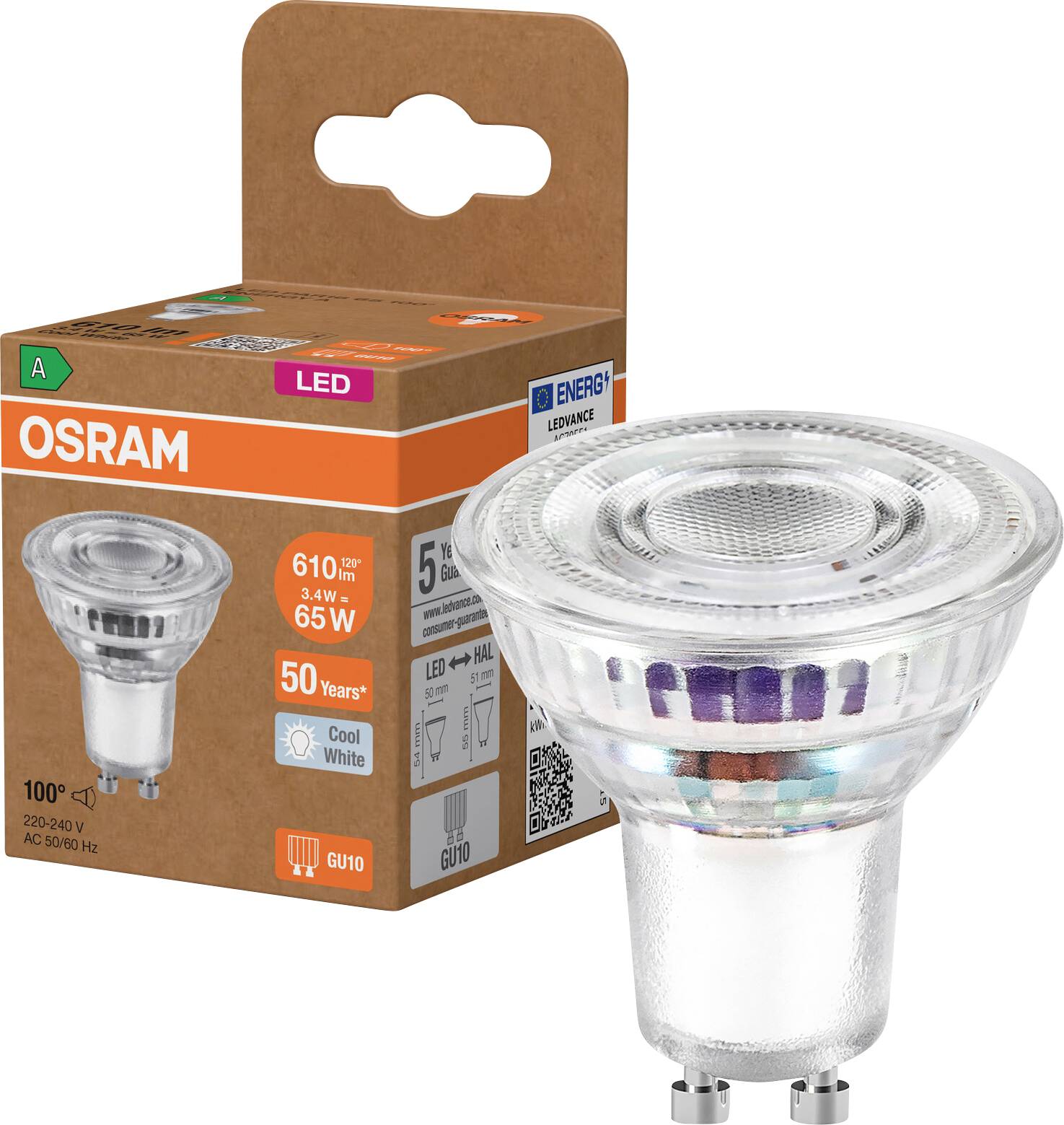 OSRAM LED GU10 Spotleuchte in Verpackung, gekennzeichnet mit 610 lm, 6,5 W, Kaltweiß, 50 Jahre und 100° Abstrahlwinkel.