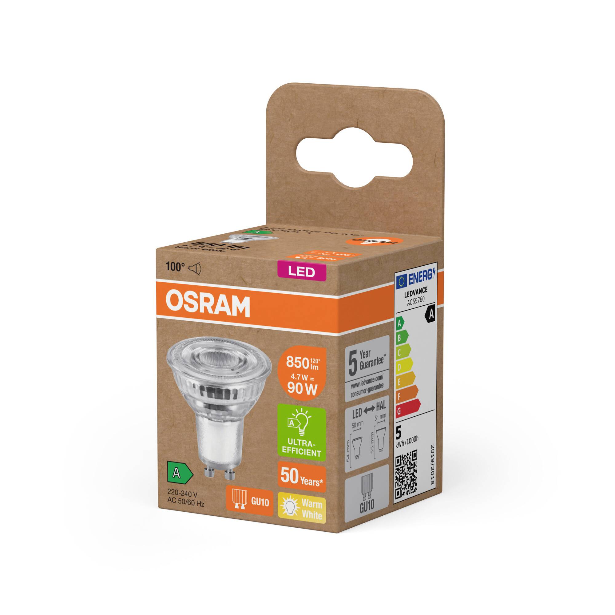 LED-Glühbirne in Verpackung mit Aufschriften '850lm', '4,1W=90W', 'Warm White', '50 Jahre'. Produktname: OSRAM. Energiesparend.