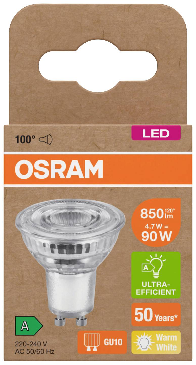 LED-Lampe von OSRAM, 850 Lumen, 90 Watt, warmweiß. Energieeffizienzklasse A, Lebensdauer bis zu 50 Jahre, GU10 Fassung.