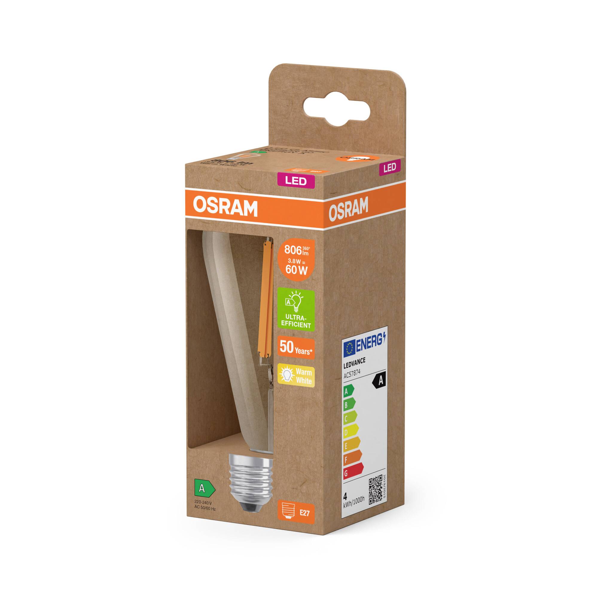 OSRAM HOMELIGHTING 4099854235634 LED EEK A (A - G) E27 Kolbenform 3.8W = 60W Warmweiß (Ø x H) 64mm x 64mm 1St.