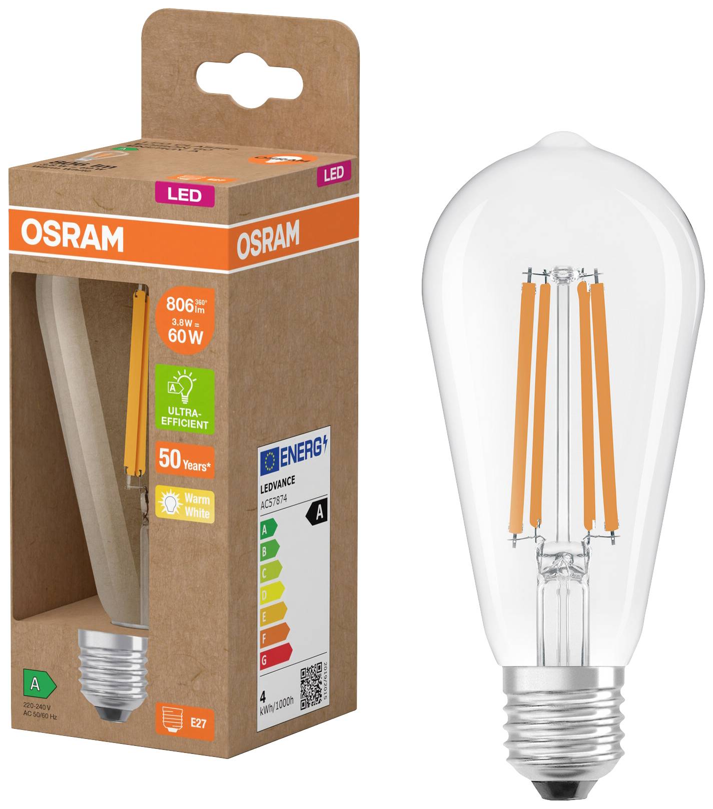 OSRAM HOMELIGHTING 4099854235634 LED EEK A (A - G) E27 Kolbenform 3.8W = 60W Warmweiß (Ø x H) 64mm x 64mm 1St.