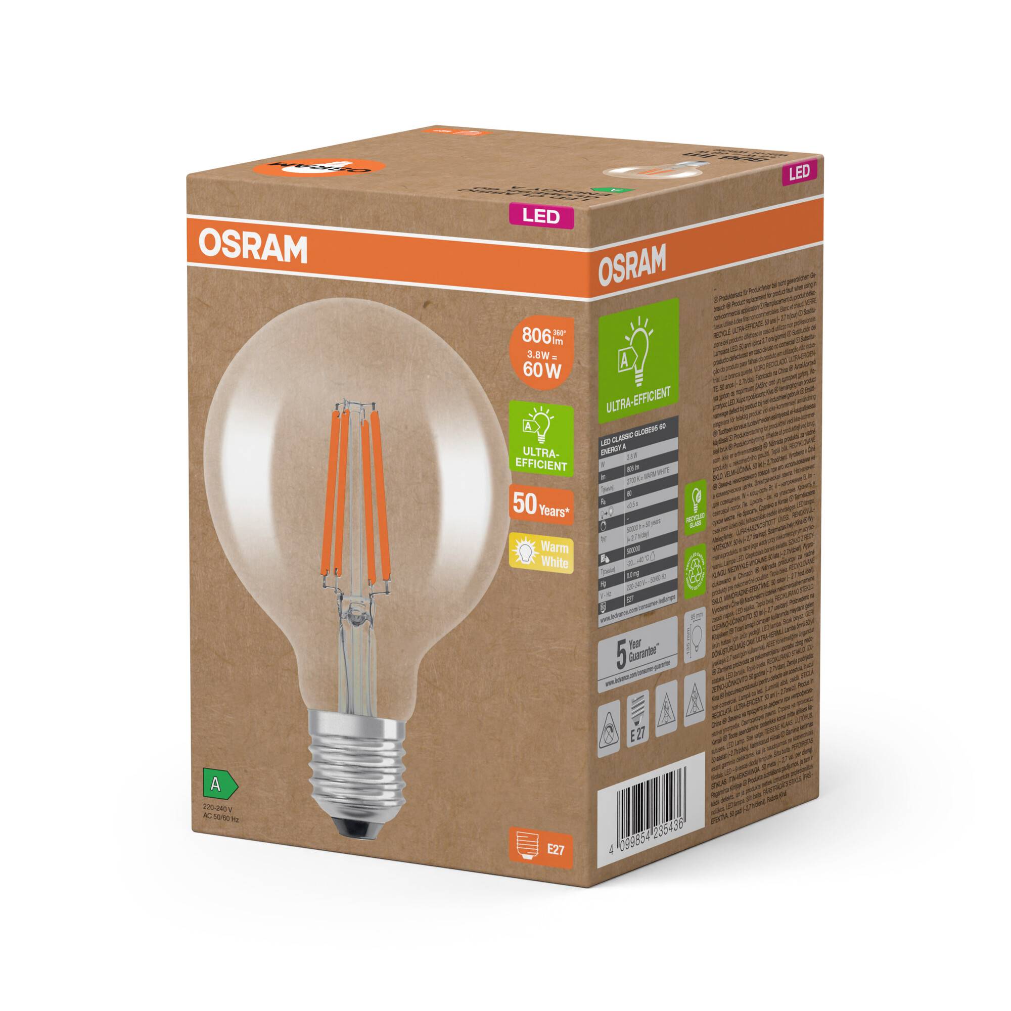 OSRAM HOMELIGHTING 4099854235436 LED EEK A (A - G) E27 Globeform 3.8W = 60W Warmweiß (Ø x H) 95mm x 95mm 1St.