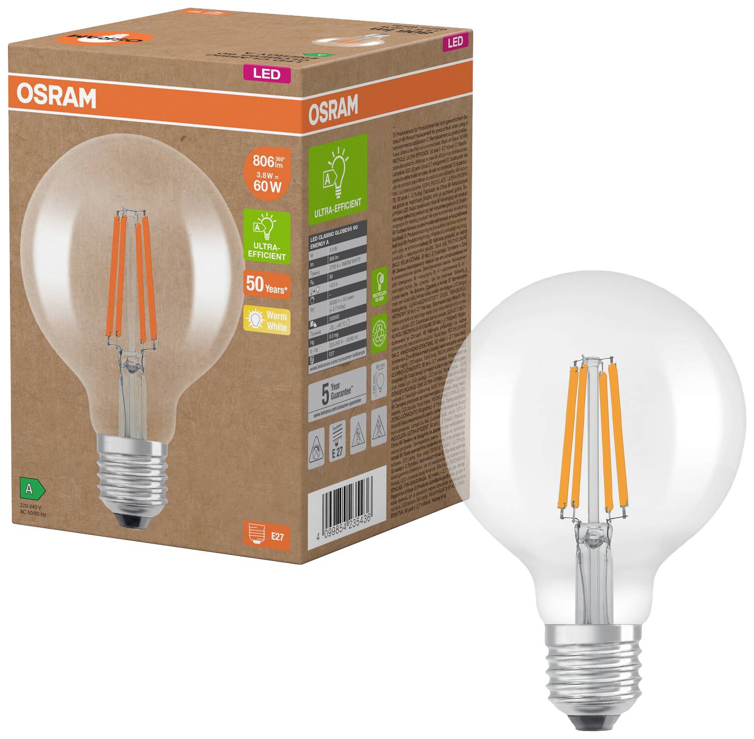 OSRAM HOMELIGHTING 4099854235436 LED EEK A (A - G) E27 Globeform 3.8W = 60W Warmweiß (Ø x H) 95mm x 95mm 1St.