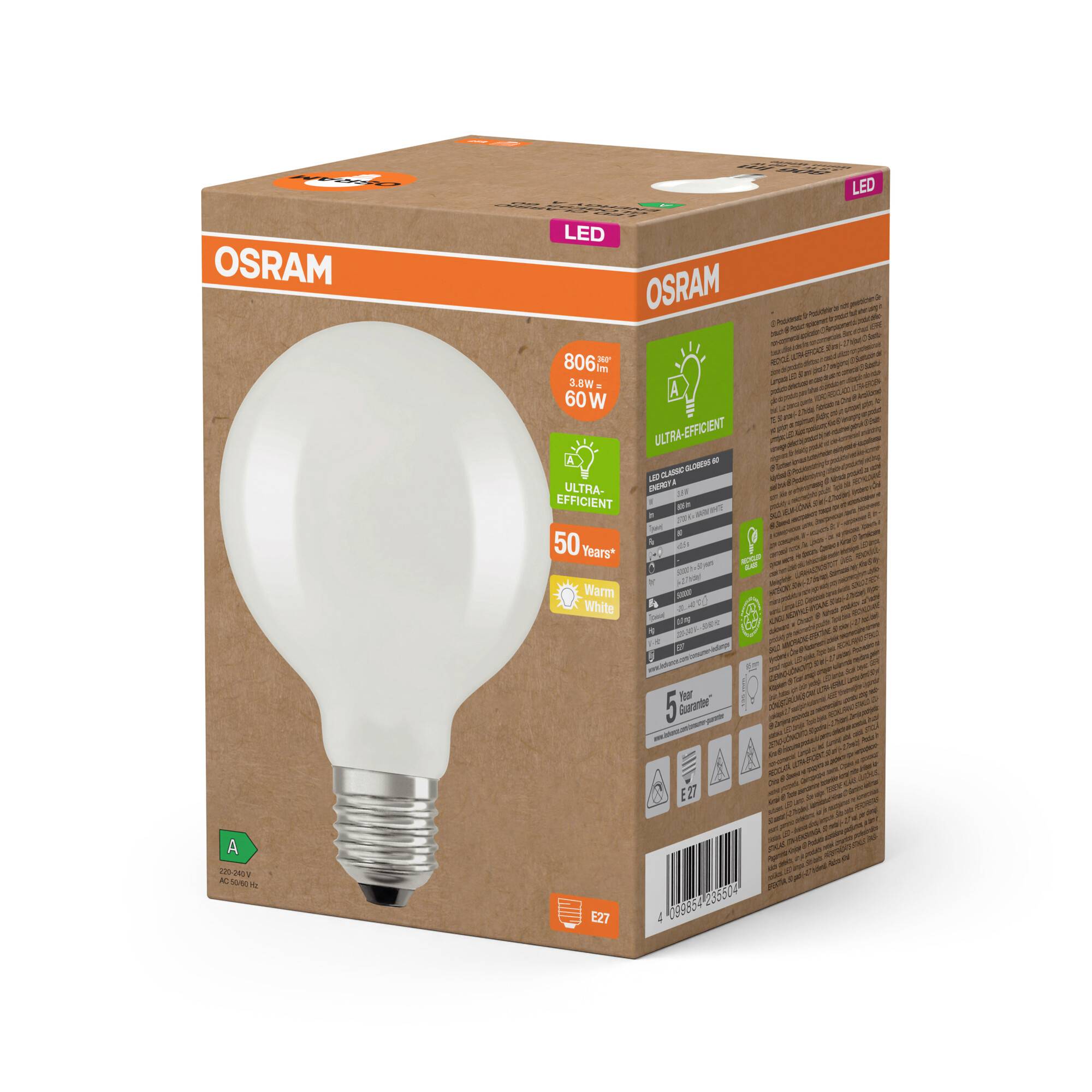 OSRAM HOMELIGHTING 4099854235504 LED EEK A (A - G) E27 Globeform 3.8W = 60W Warmweiß (Ø x H) 95mm x 95mm 1St.