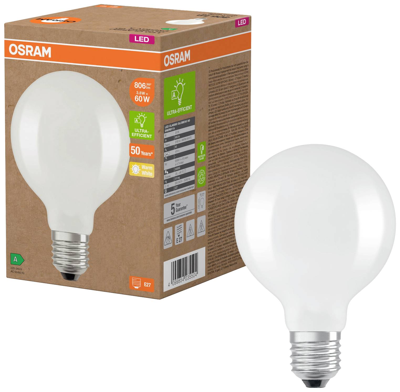 OSRAM HOMELIGHTING 4099854235504 LED EEK A (A - G) E27 Globeform 3.8W = 60W Warmweiß (Ø x H) 95mm x 95mm 1St.