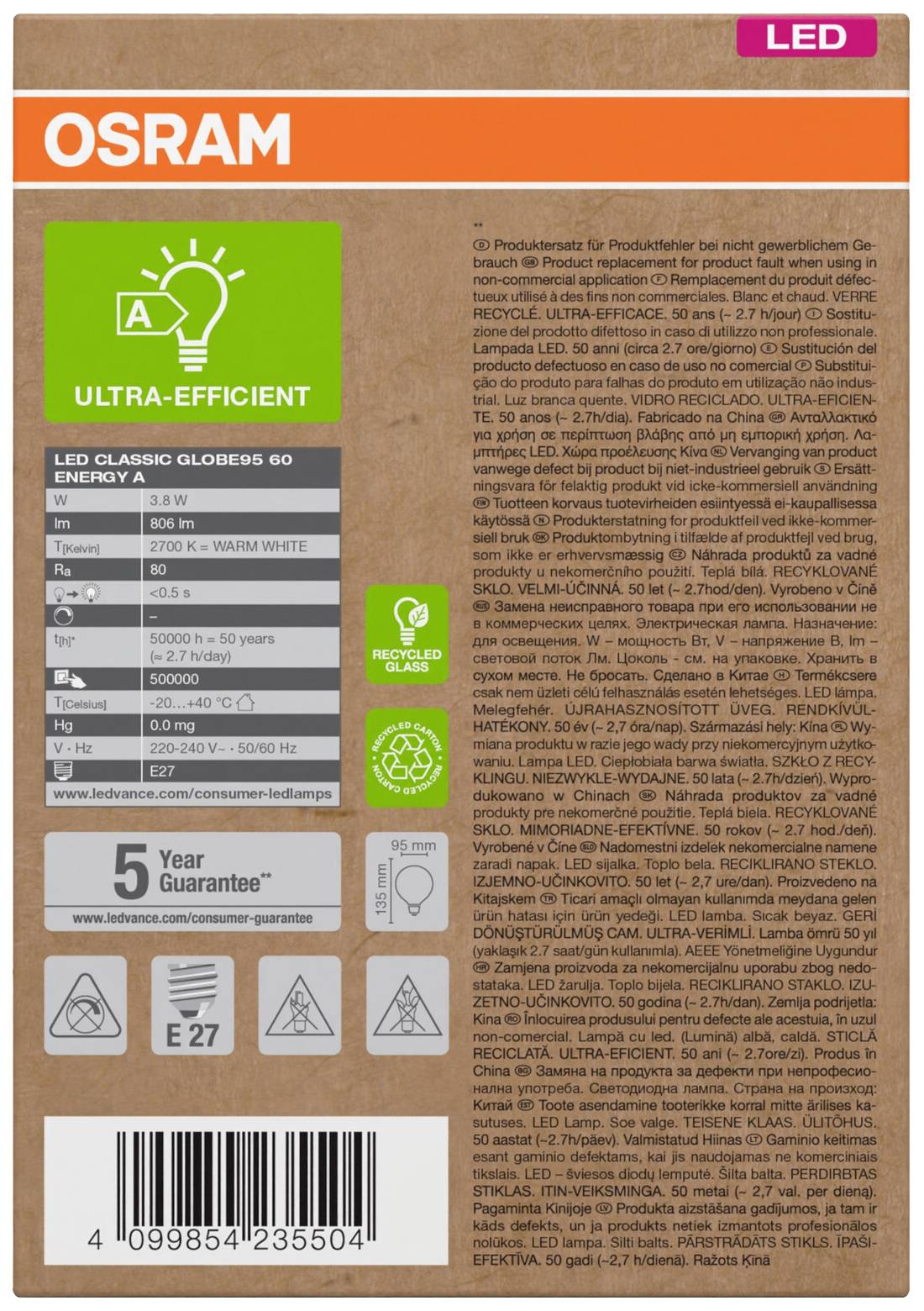 OSRAM HOMELIGHTING 4099854235504 LED EEK A (A - G) E27 Globeform 3.8W = 60W Warmweiß (Ø x H) 95mm x 95mm 1St.