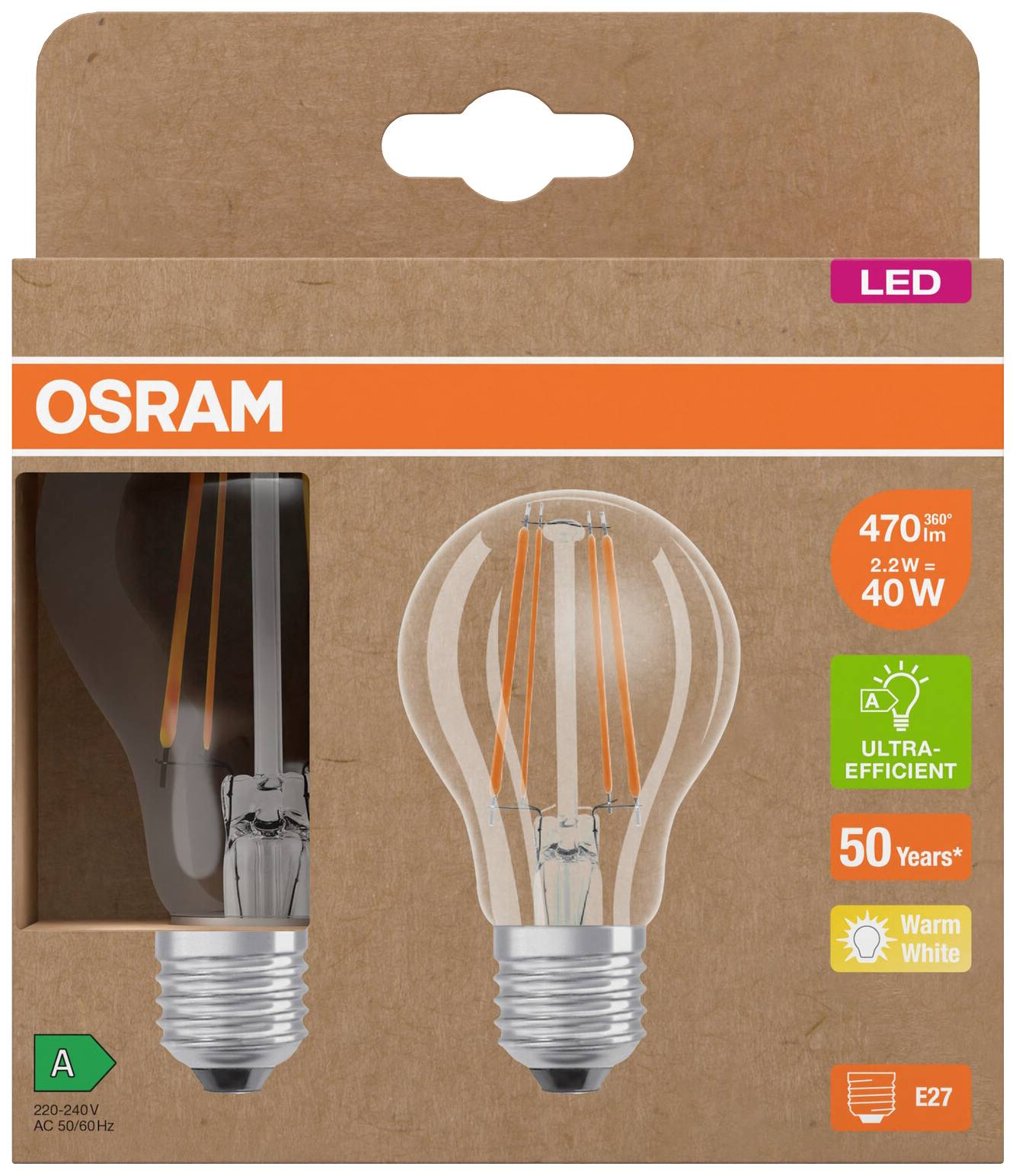 OSRAM HOMELIGHTING 4099854253461 LED EEK A (A - G) E27 Glühlampenform 2.2W = 40W Warmweiß (Ø x H) 60mm x 60mm 2St.