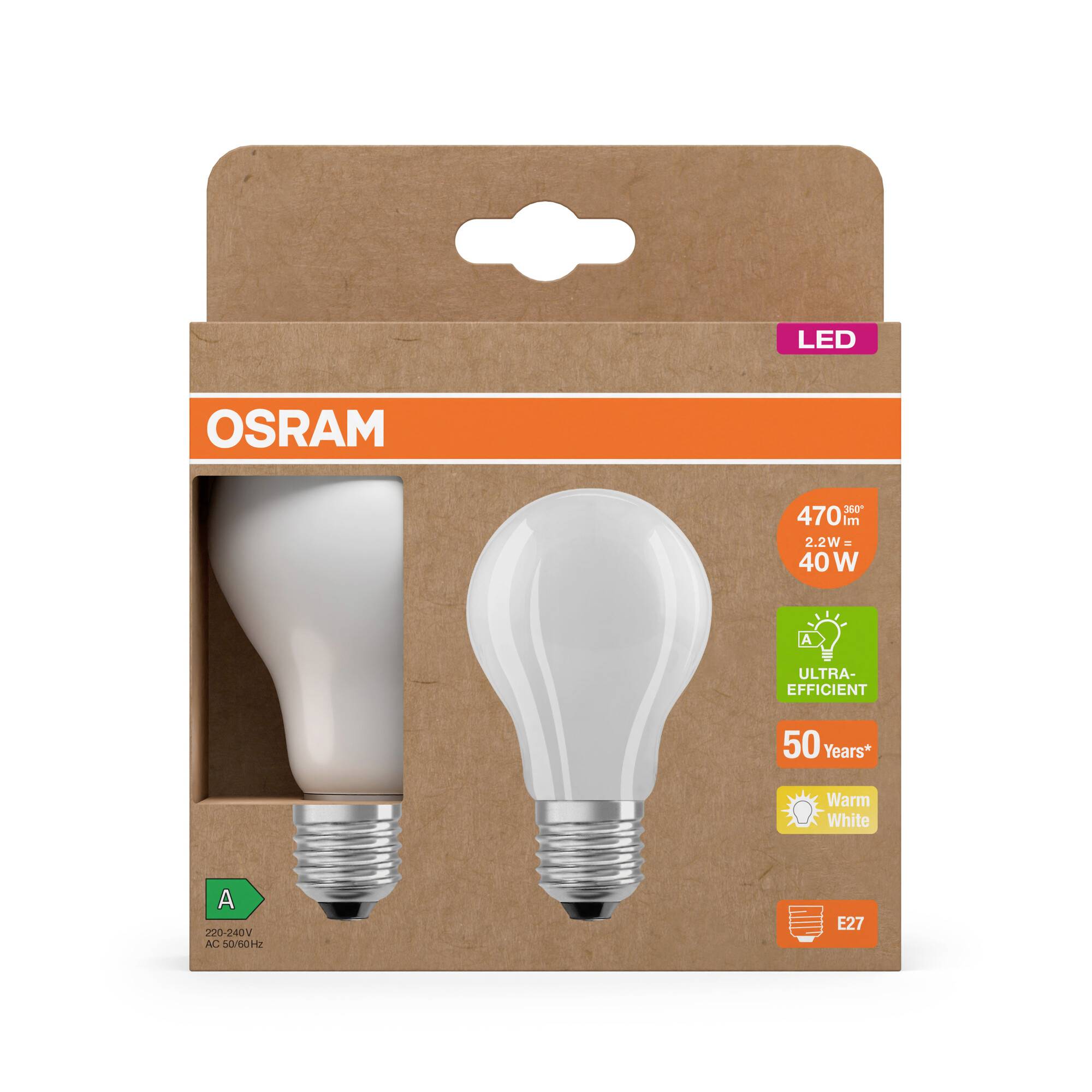 OSRAM HOMELIGHTING 4099854253485 LED EEK A (A - G) E27 Glühlampenform 2.2W = 40W Warmweiß (Ø x H) 60mm x 60mm 2St.