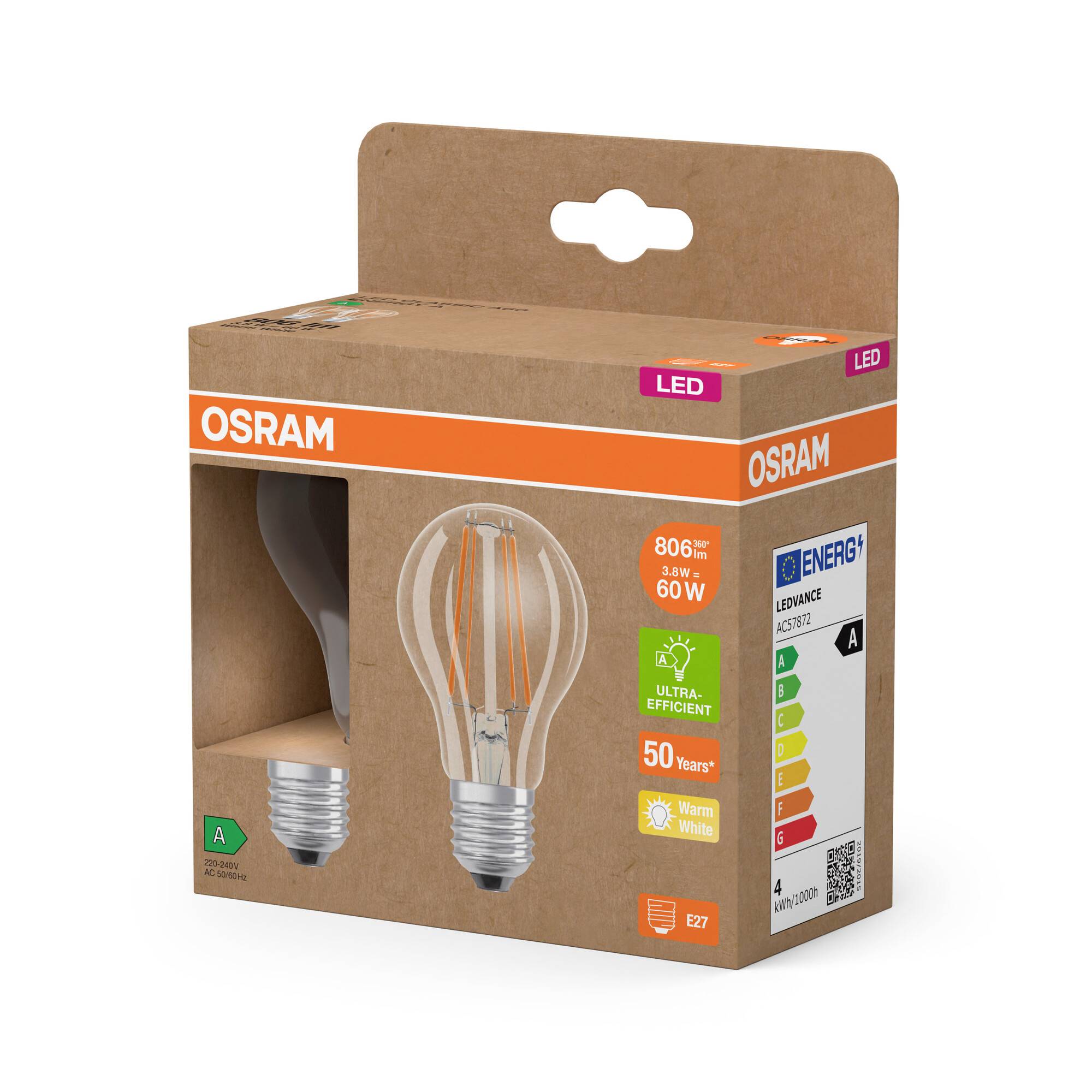OSRAM HOMELIGHTING 4099854253508 LED EEK A (A - G) E27 Glühlampenform 3.8W = 60W Warmweiß (Ø x H) 60mm x 60mm 2St.