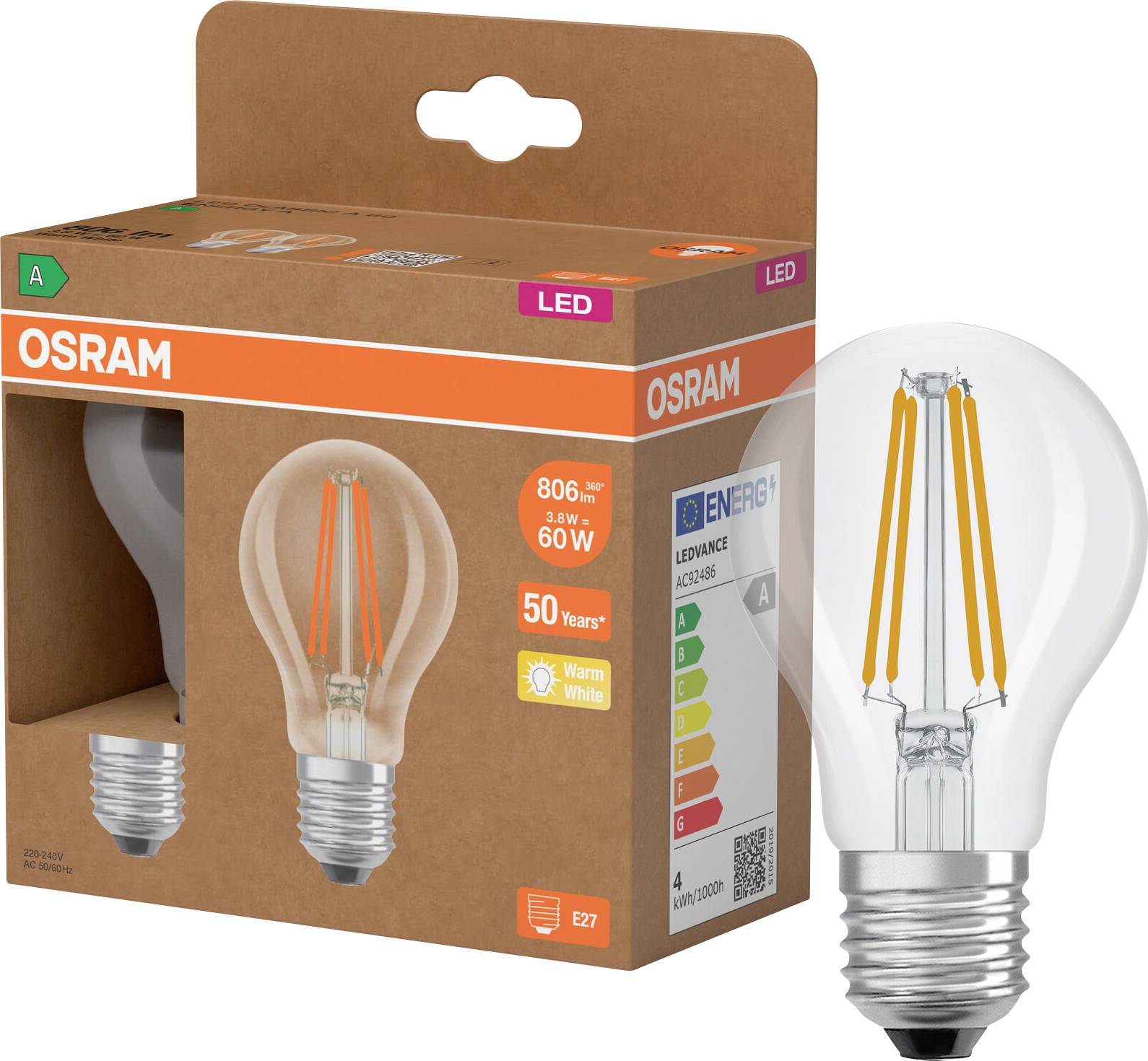 OSRAM LED-Glühbirne in Einzelhandelsverpackung, gekennzeichnet als 60-W-Äquivalent, 806 Lumen, Warmweiß, E27-Sockel, mit Energieeffizienzklasse A.