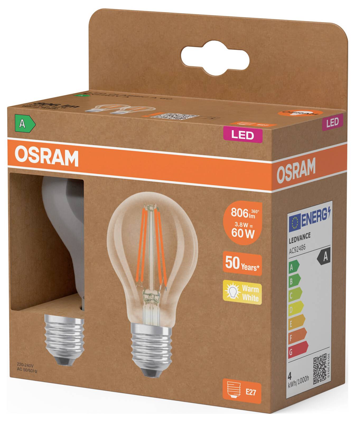 OSRAM LED-Glühfadenlampe Verpackung, zeigt eine warmweiße E27 60W-Entsprechung Birne und Energieeffizienzlabel.