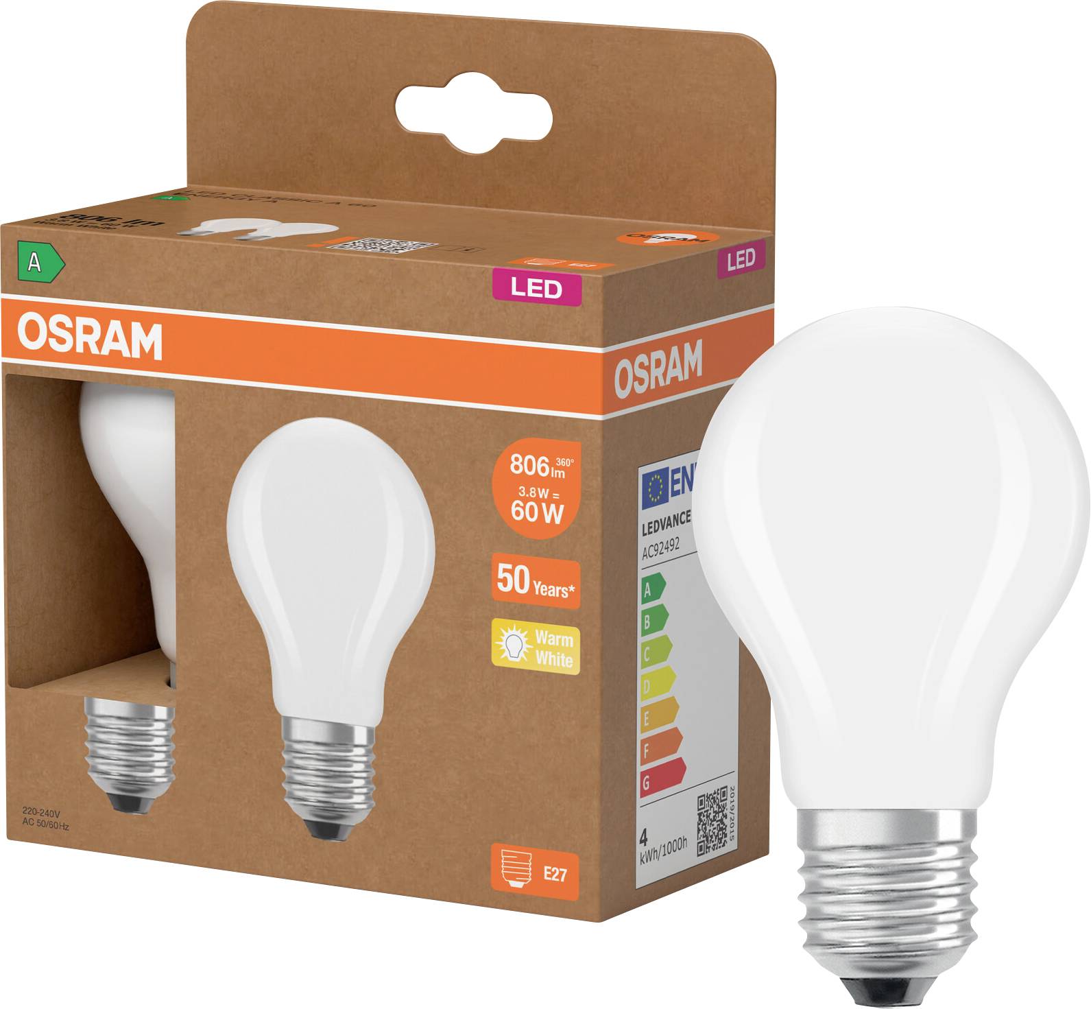 OSRAM LED-Glühbirne Packung und Birne, gekennzeichnet mit 60W Äquivalent, 806 Lumen, warmweiß, E27-Sockel, Energieklasse A.
