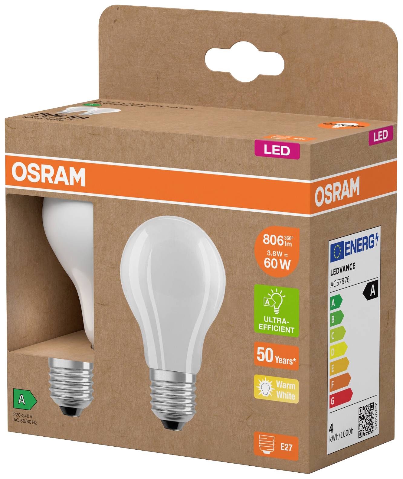 OSRAM HOMELIGHTING 4099854253522 LED EEK A (A - G) E27 Glühlampenform 3.8W = 60W Warmweiß (Ø x H) 60mm x 60mm 2St.