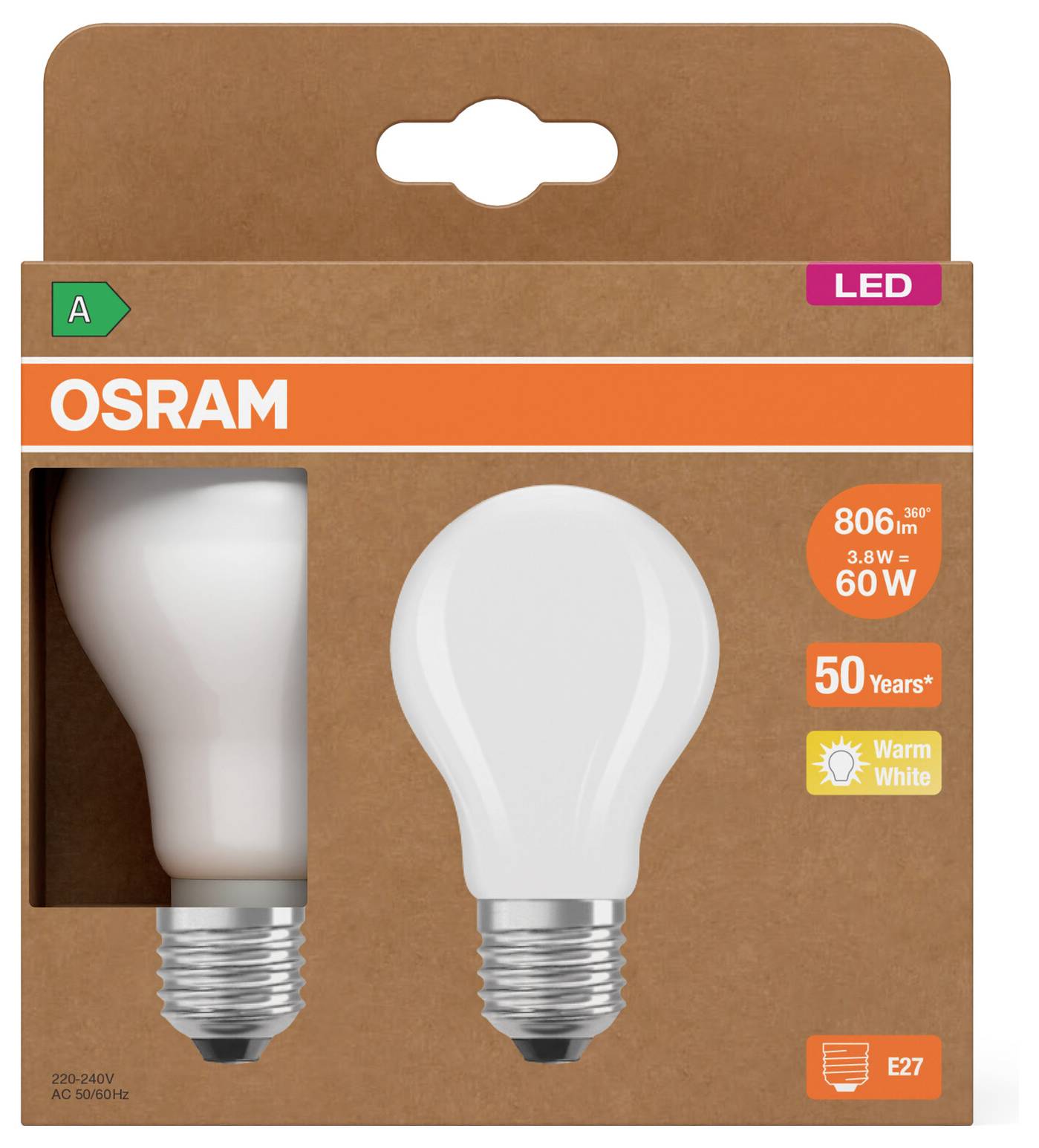 OSRAM LED-Glühbirne Verpackung mit einem Bulbenbild, 60-W-Äquivalent, 806 lm, warmweiß, E27-Fassung, 50-Jahre-Symbol.