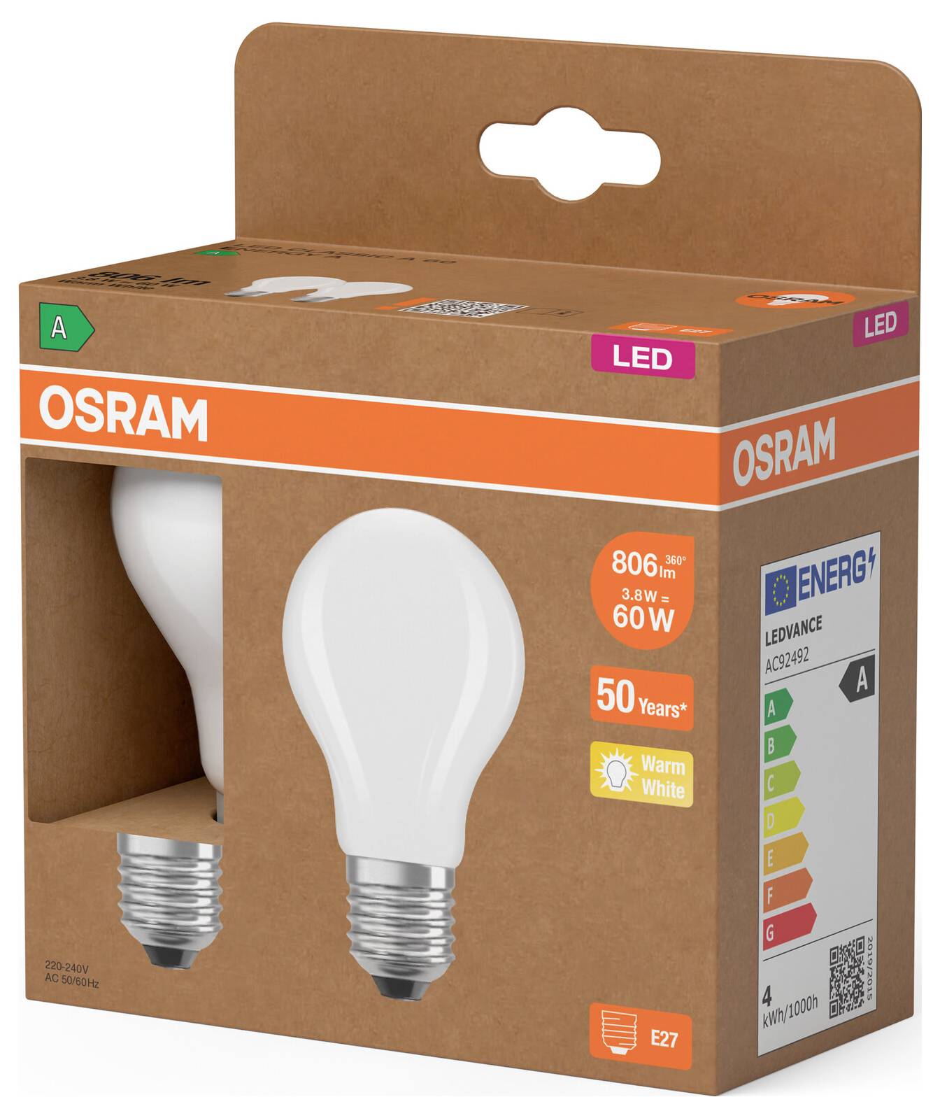 OSRAM LED-Glühbirnenverpackung mit zwei warmweißen Glühbirnen und Energieeffizienzklasse A, 60W-Äquivalent, E27-Sockel.