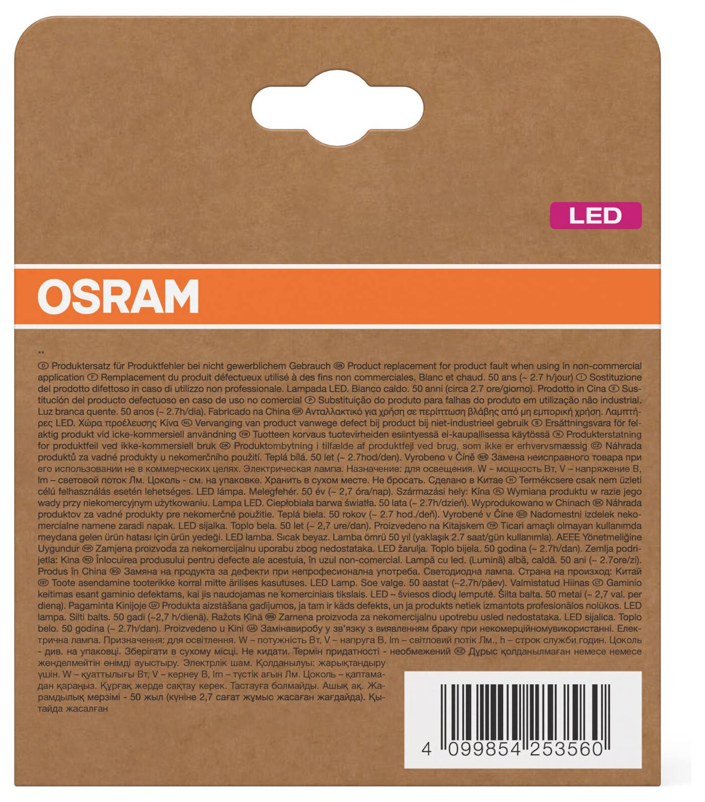 OSRAM LED-Produktverpackung mit Aufhängelaschen, orangem Logoband, kleinem rosa 