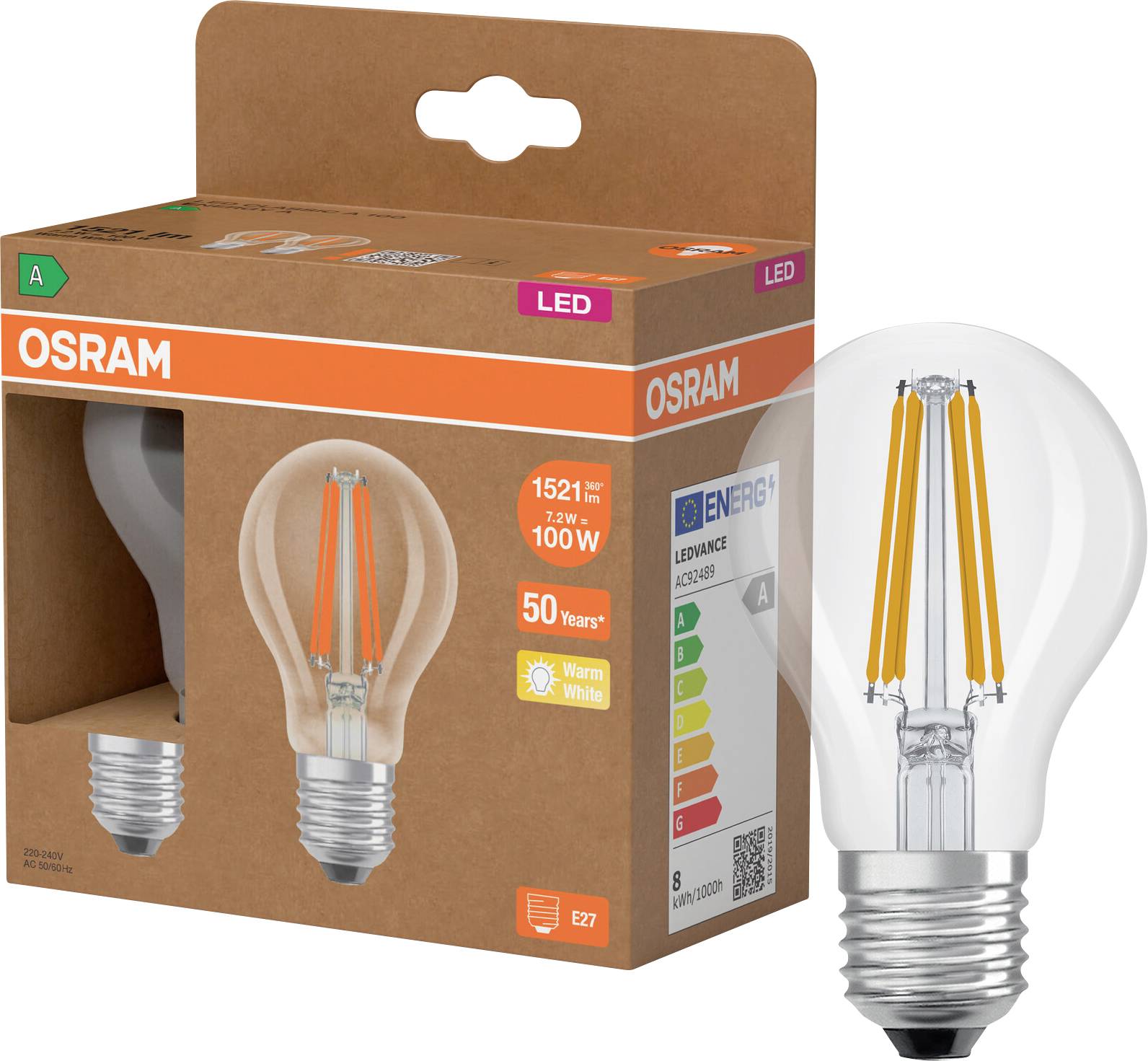 OSRAM LED-Glühbirne in brauner Einzelhandelsverpackung, auf der Packung 100W-Äquivalent, Warmweiß, E27-Sockel und Energieeffizienzklasse A angezeigt werden.