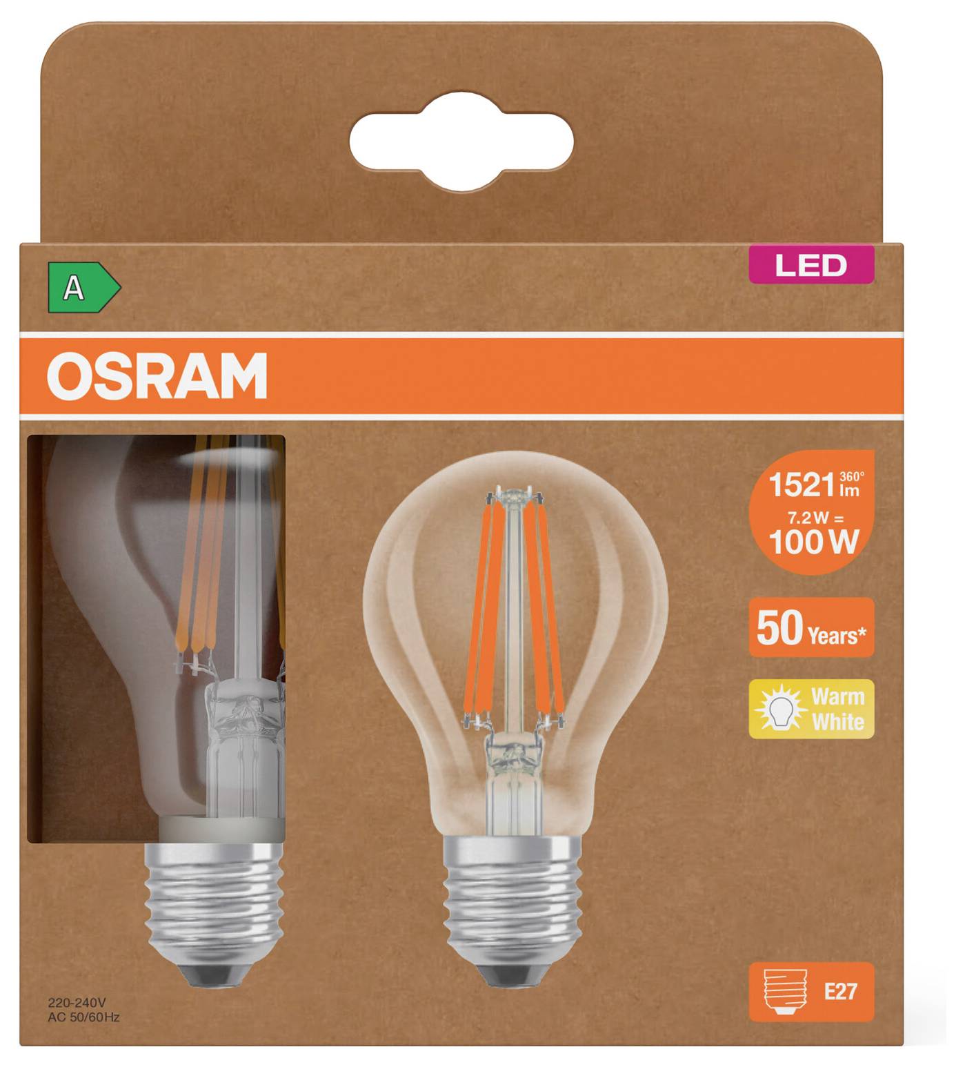 OSRAM LED-Glühfadenlampe, Verpackung, warmweiß, E27-Sockel, 7,2W entspricht 100W, 1521 Lumen, Lebensdauer 50 Jahre Garantie.