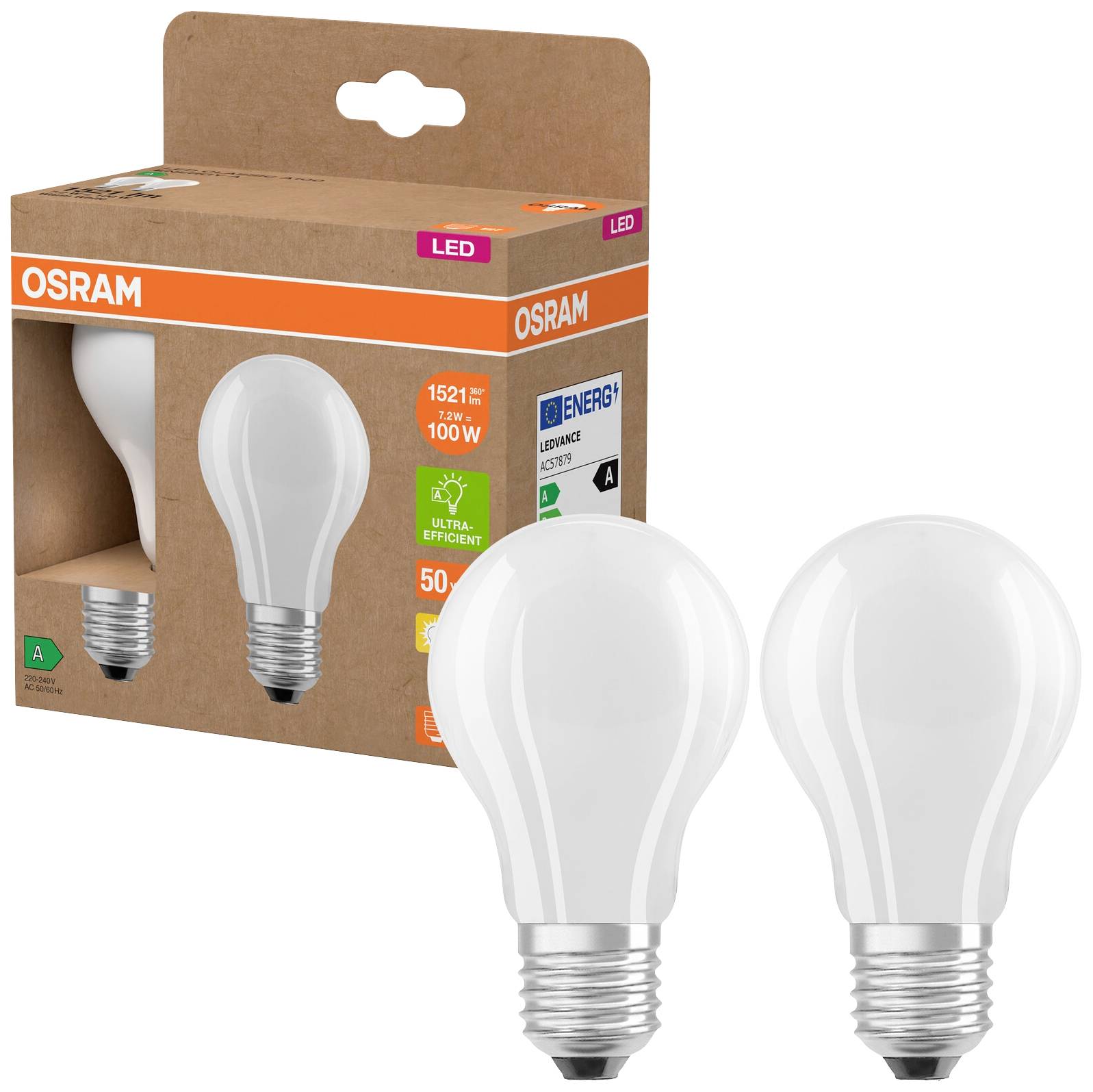 OSRAM HOMELIGHTING 4099854253775 LED EEK A (A - G) E27 Glühlampenform 7.2W = 100W Warmweiß (Ø x H) 60mm x 60mm 2St.
