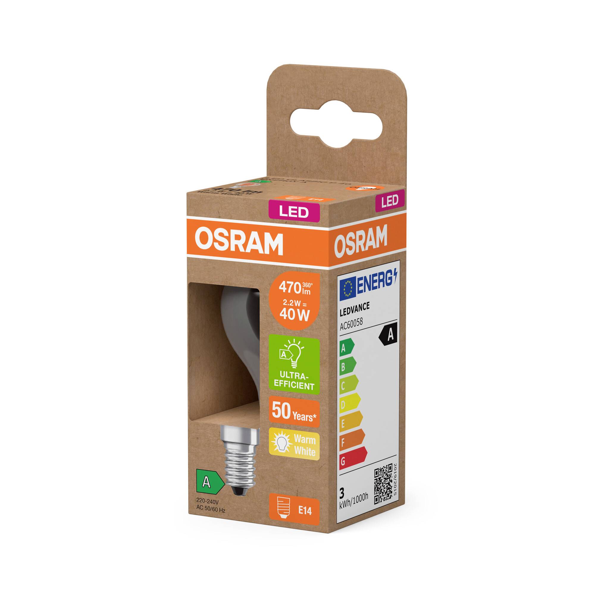 OSRAM HOMELIGHTING 4099854255168 LED EEK A (A - G) E14 Glühlampenform 2.2W = 40W Warmweiß (Ø x H) 45mm x 45mm 1St.