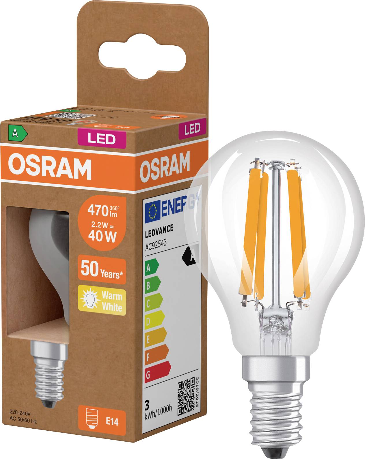 OSRAM LED-Glühbirne in Einzelhandelverpackung, zeigt eine klare E14-Glühbirne in Warmweiß mit einer Leistung von 2,2W, 470 Lumen, 40W-Equivalent, 50.000 Stunden Lebensdauer.
