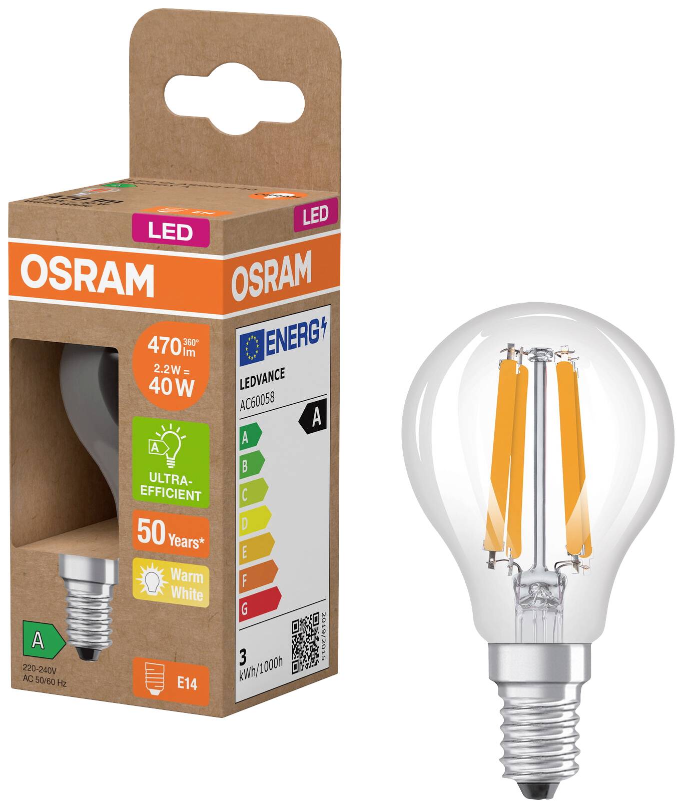 OSRAM HOMELIGHTING 4099854255168 LED EEK A (A - G) E14 Glühlampenform 2.2W = 40W Warmweiß (Ø x H) 45mm x 45mm 1St.
