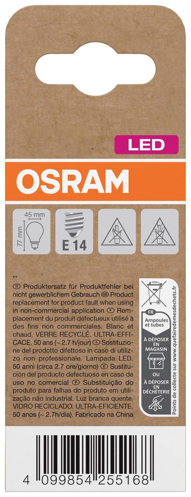 OSRAM HOMELIGHTING 4099854255168 LED EEK A (A - G) E14 Glühlampenform 2.2W = 40W Warmweiß (Ø x H) 45mm x 45mm 1St.