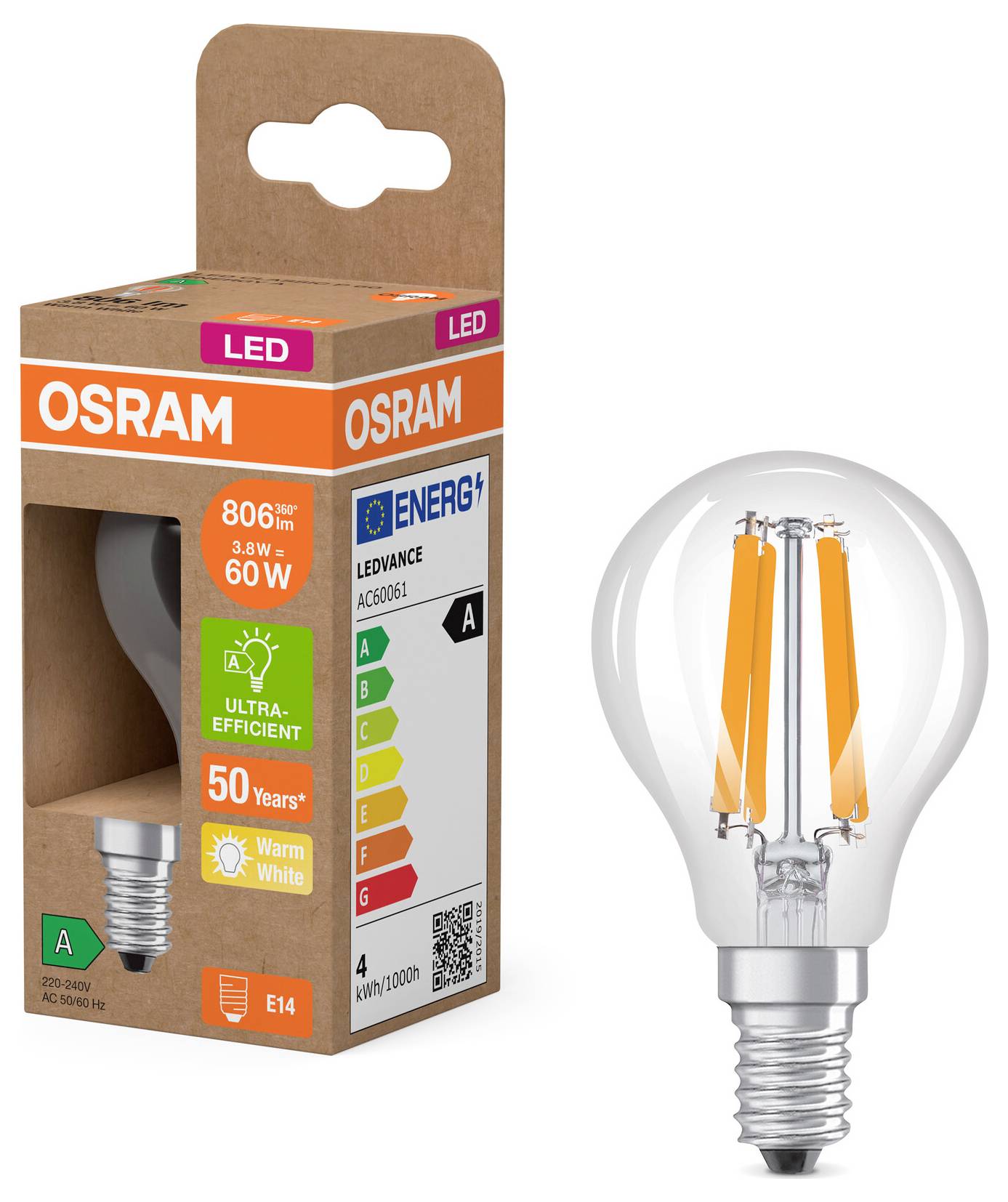 OSRAM HOMELIGHTING 4099854255229 LED EEK A (A - G) E14 Tropfenform 3.8W = 60W Warmweiß (Ø x H) 45mm x 45mm 1St.