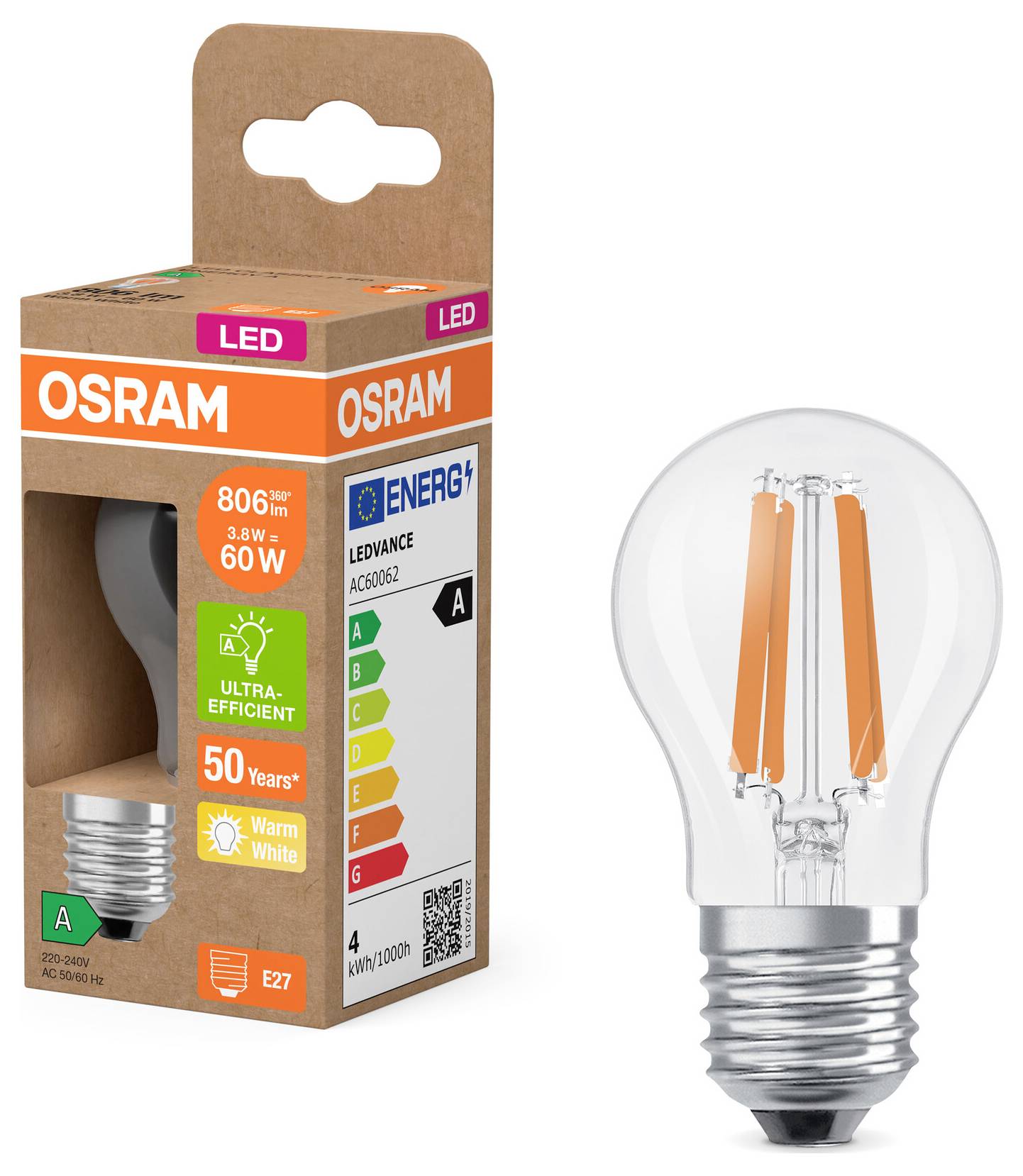 LED-Lampe von Osram mit 806 Lumen Helligkeit und Energieeffizienzklasse A. Verpackung zeigt warmweißes Licht und lange Lebensdauer.