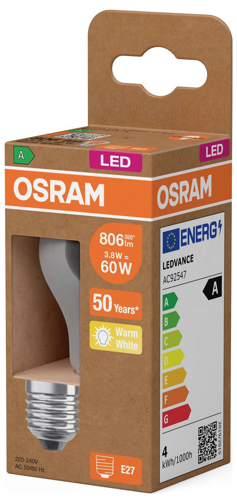 OSRAM LED-Lampe in Karton mit warmweißer E27-Fassung, 806 lm, 3,8 W, 60-W-Äquivalent, 50 Jahre Lebensdauer, Energieklasse A.
